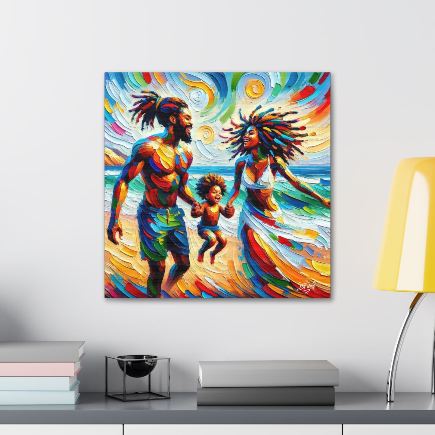 Art Print, Afro-Caribbean Family "Walking on the Beach," Oil Finish, West Indian Ethnicity, Cultural, Heritage, Semi-Abstract, Canvas Gallery Wrap