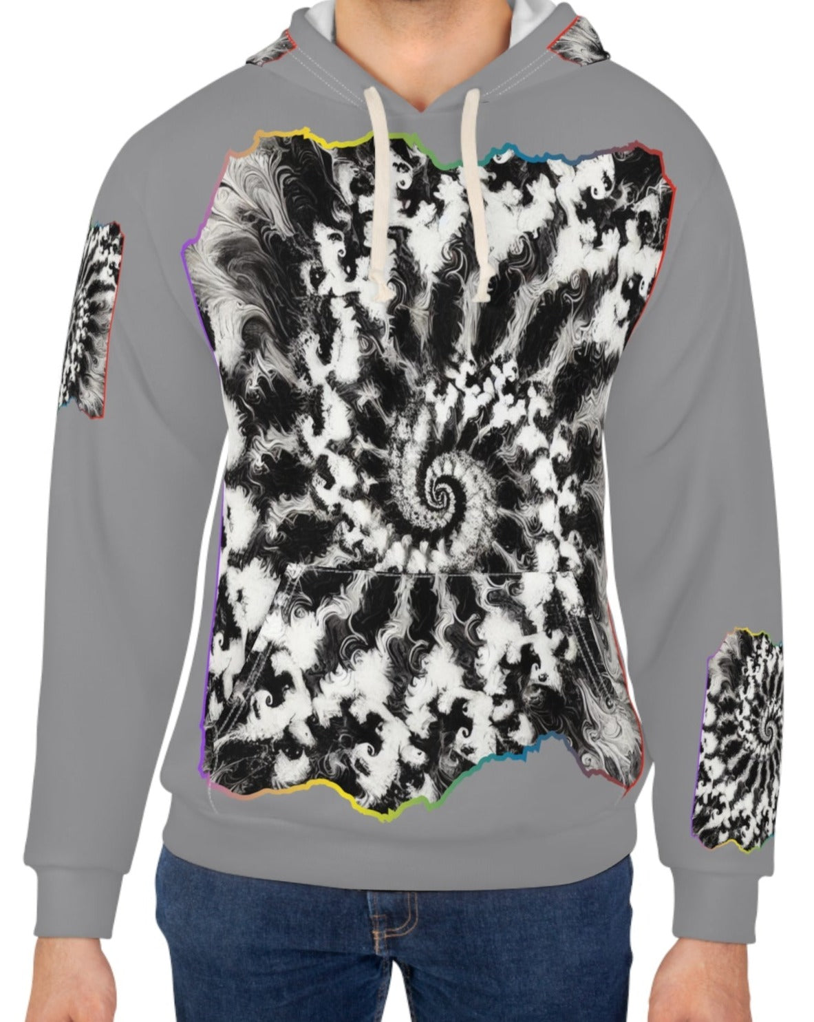 Unisex Pullover Hoodie (AOP) "B&W Tie-Dye Abstract Print"