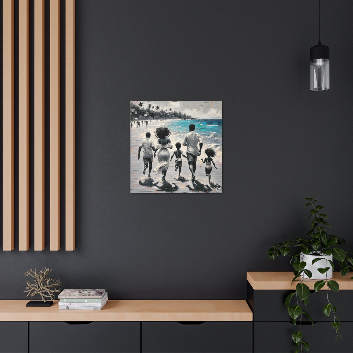 Art Print, Afro-Caribbean Family on the Beach, Oil Finish, West Indian Ethnicity, Cultural, Heritage, Semi-Abstract, Canvas Gallery Wrap