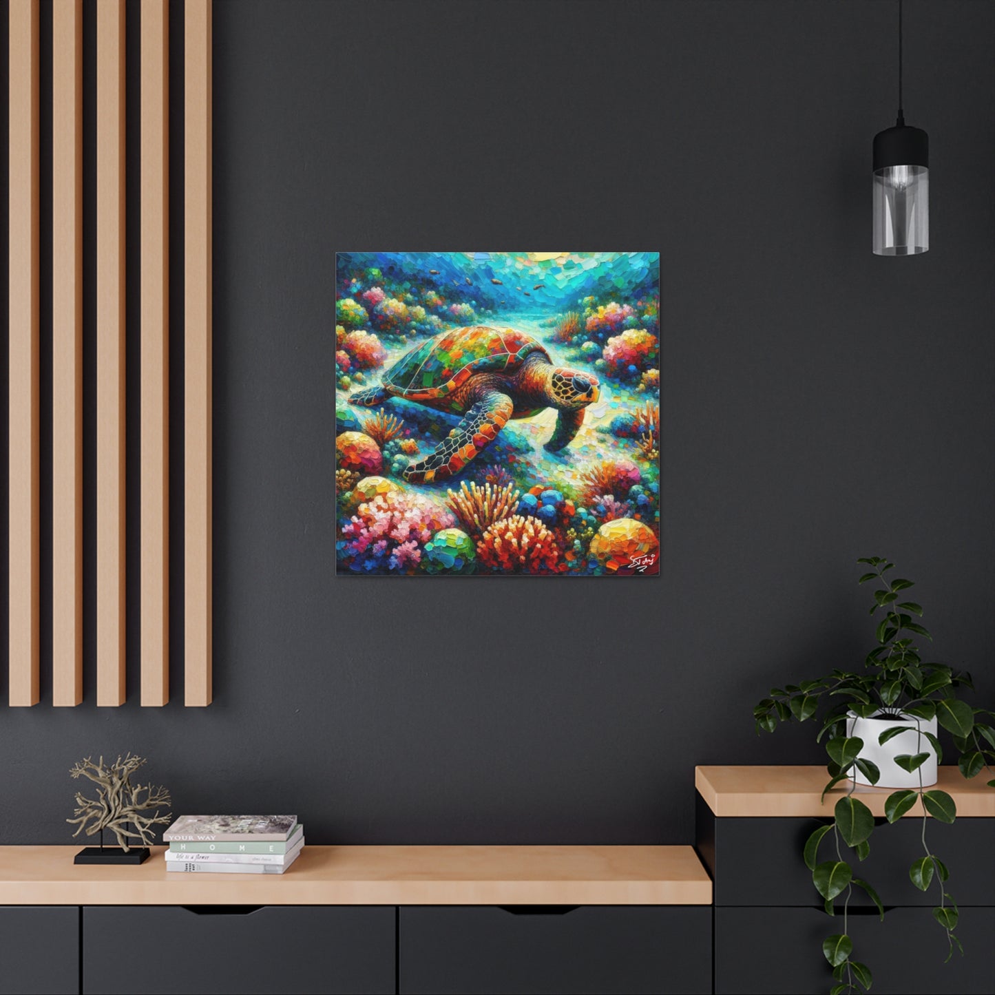 Art Print, Turtle in Reef, Oil Finish, Caribbean Nature, Cultural, Heritage, Semi-Abstract, Canvas Gallery Wrap