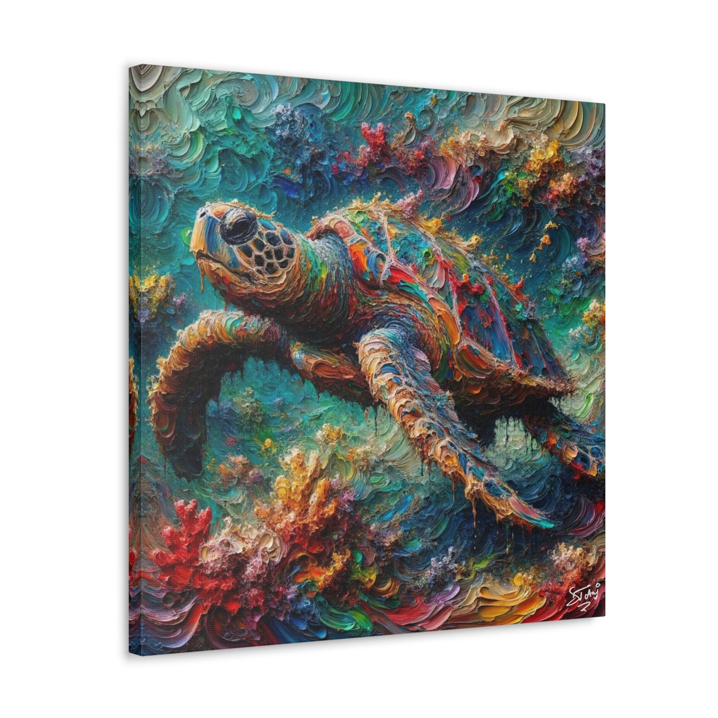 Art Print, Turtle in Reef, Oil Finish, Caribbean Nature, Cultural, Heritage, Semi-Abstract, Canvas Gallery Wrap