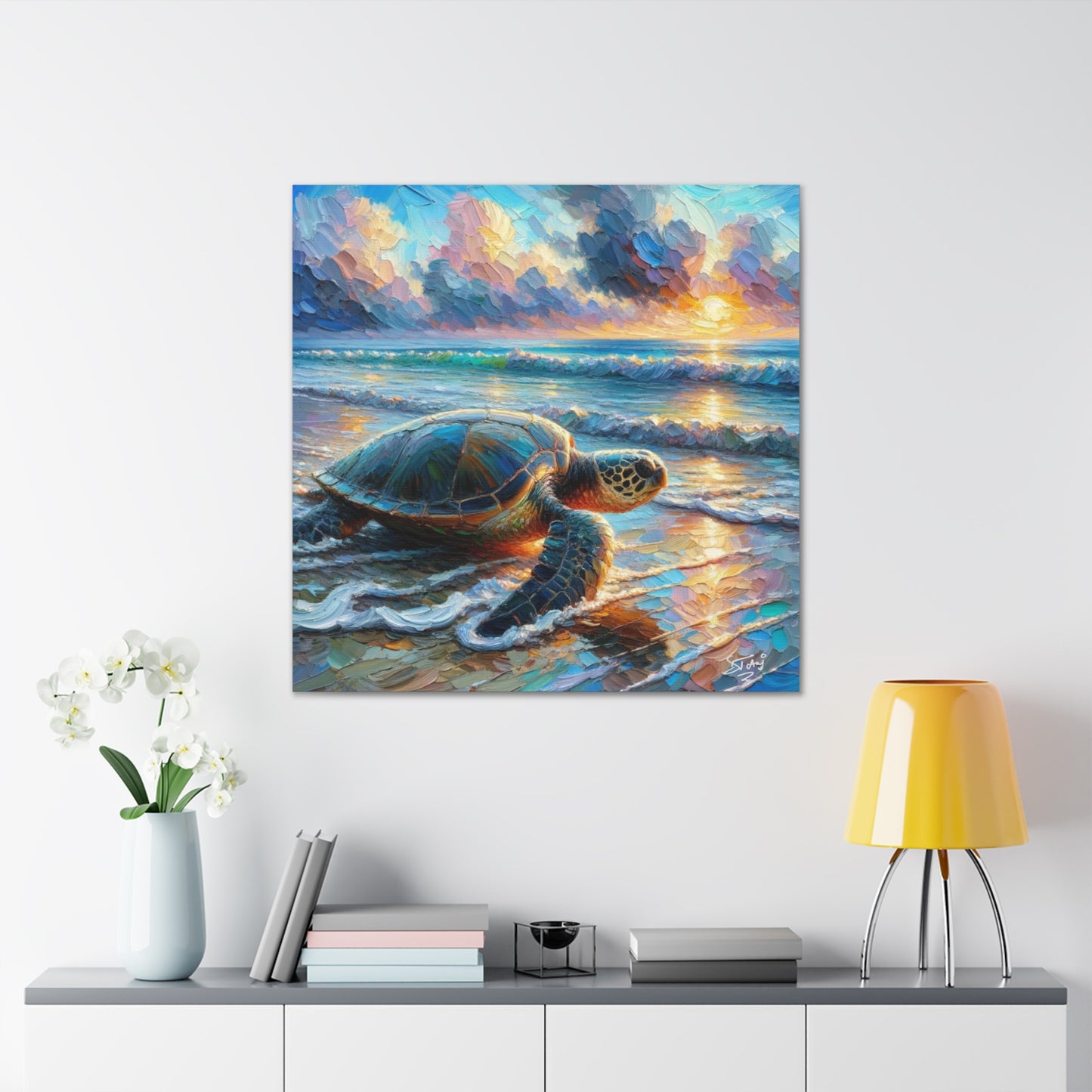 Art Print, Turtle at Sunrise, Caribbean Wildlife, Oil Finish, Caribbean Nature, Culture, Heritage, Canvas Gallery Wrap