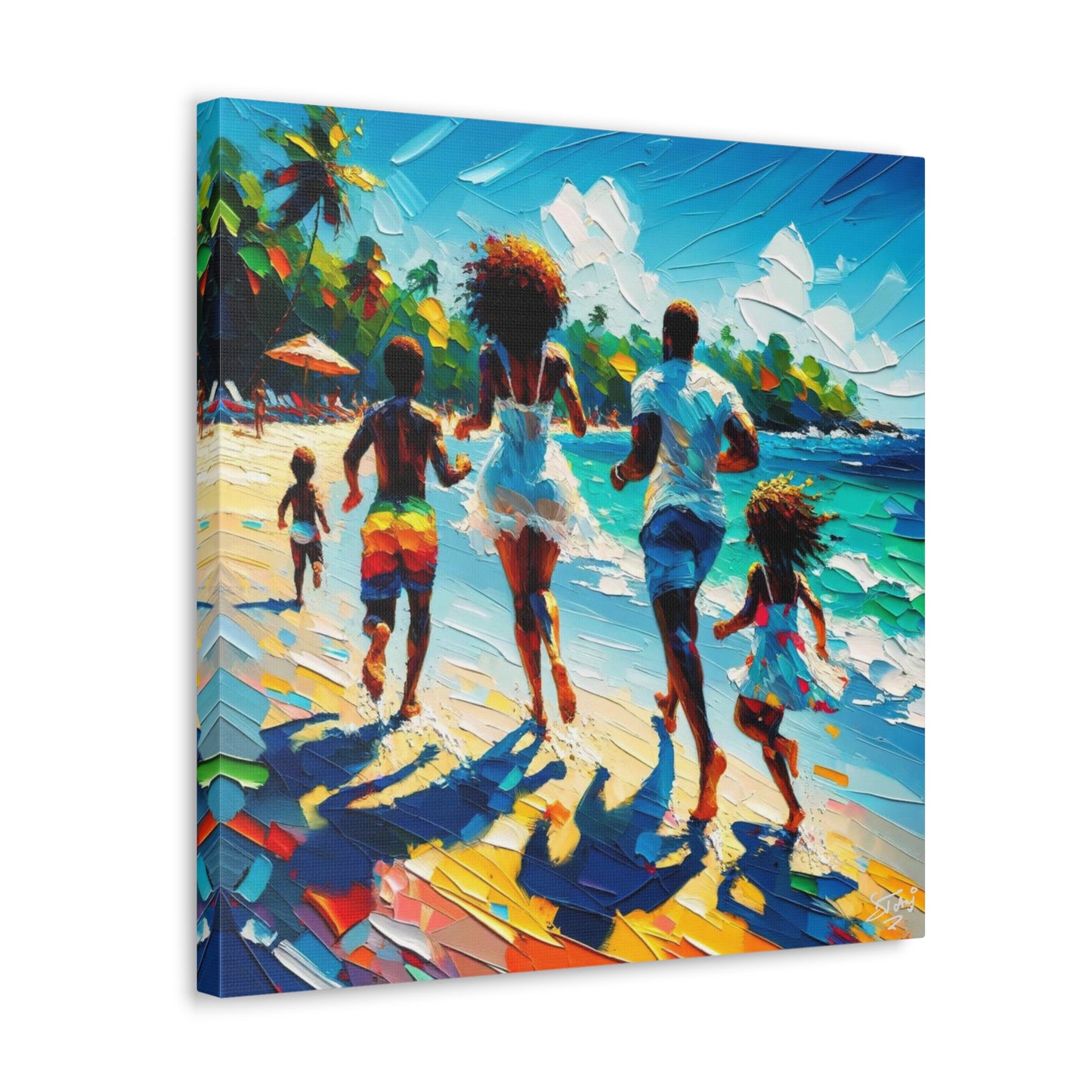 Art Print, Afro-Caribbean Family "Running on the Beach," Oil Finish, West Indian Ethnicity, Cultural, Heritage, Semi-Abstract, Canvas Gallery Wrap