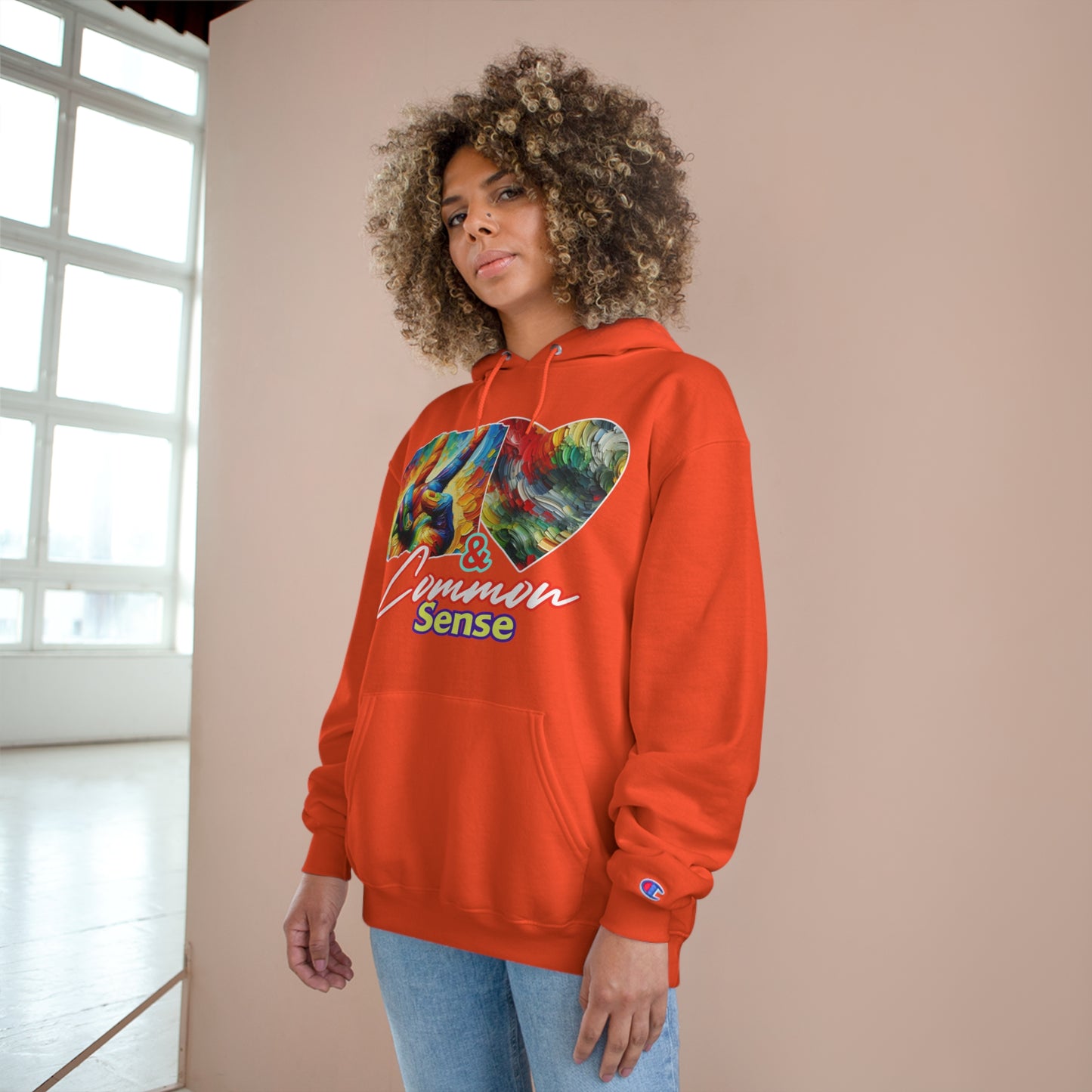 Champion Hoodie, "Peace, Love & Common Sense" Inclusion, Anti-Racism, Racial Justice, One Love, Unity, Diversity, Immigrant Outsiders, Caribbean Culture, FashionWithPurpose, ConsciousClothing, Cultural Identity, Black Inspiration Empowerment