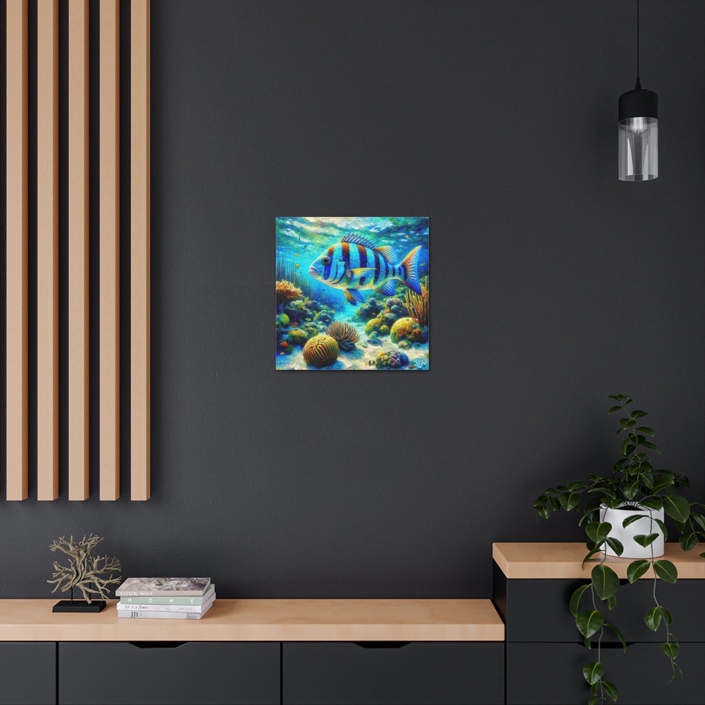 Art Print, Blue-Striped Grunt Fish in Coral Reef, Oil Finish, Caribbean Nature, Semi-Abstract, Canvas Gallery Wrap