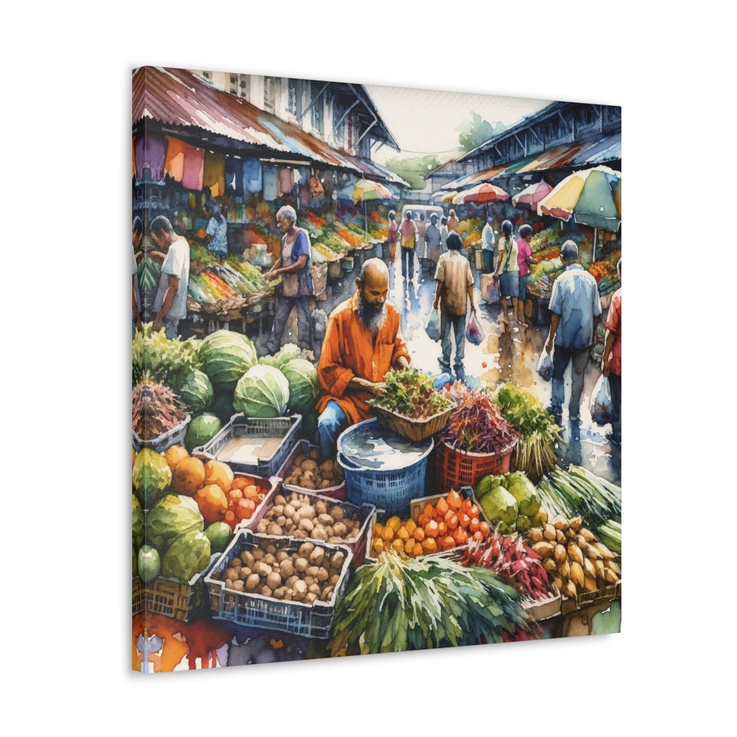 Art Print, "Selling at the Market", Market Scene in Trinidad, Caribbean, Watercolor Finish, West Indian Art, Canvas Gallery Wraps