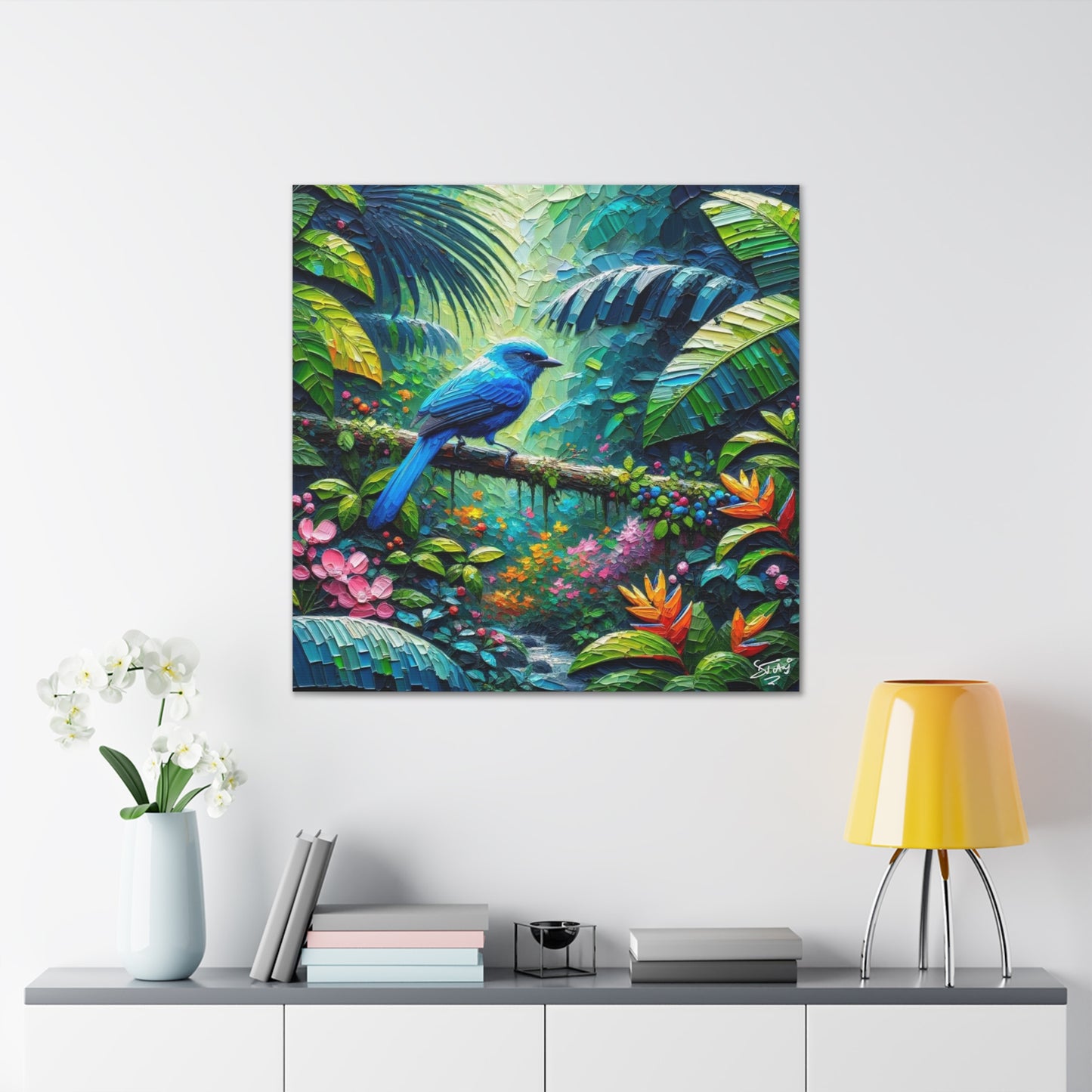 Art Print, Blue-grey Tanager (Blue Jean), Caribbean Birds, Oil Finish, Caribbean Nature, Cultural, Heritage, Canvas Gallery Wrap