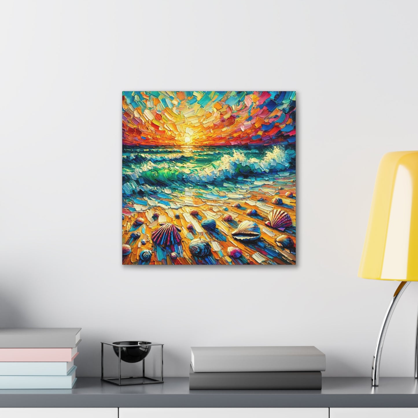 Art Print, Seashells on Caribbean Beach, Sunset, Semi-Abstract, Oil Painting, West Indian Art, Canvas Gallery Wraps