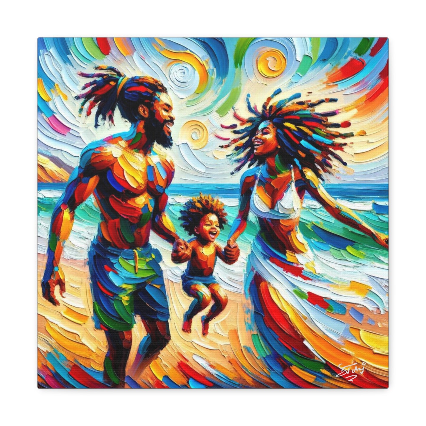 Art Print, Afro-Caribbean Family "Walking on the Beach," Oil Finish, West Indian Ethnicity, Cultural, Heritage, Semi-Abstract, Canvas Gallery Wrap