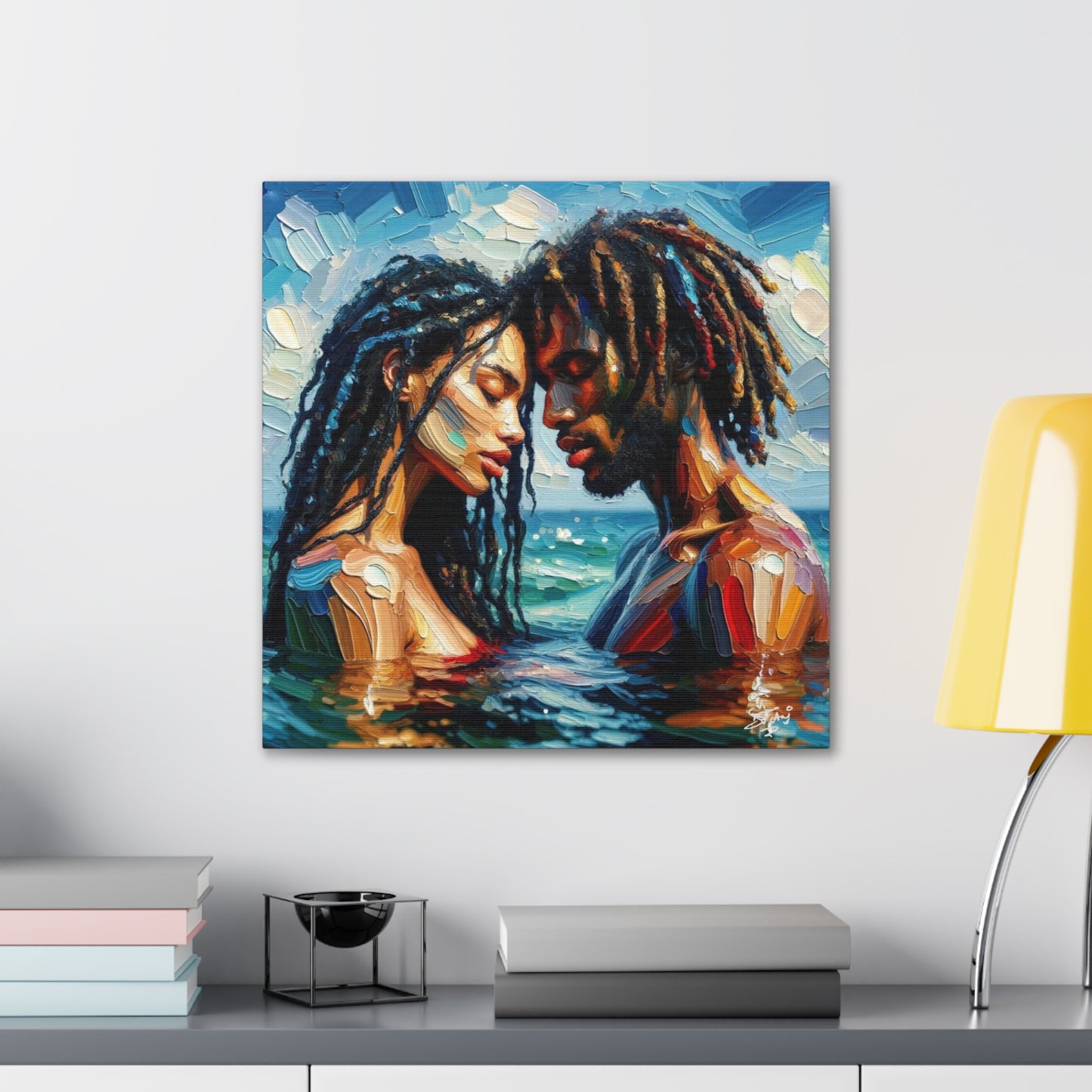 Art Print, Caribbean Couple, "In Our World" Semi-Abstract Oil Finish, West Indian Ethnicity, Cultural, Heritage, Abstract, Canvas Gallery Wrap