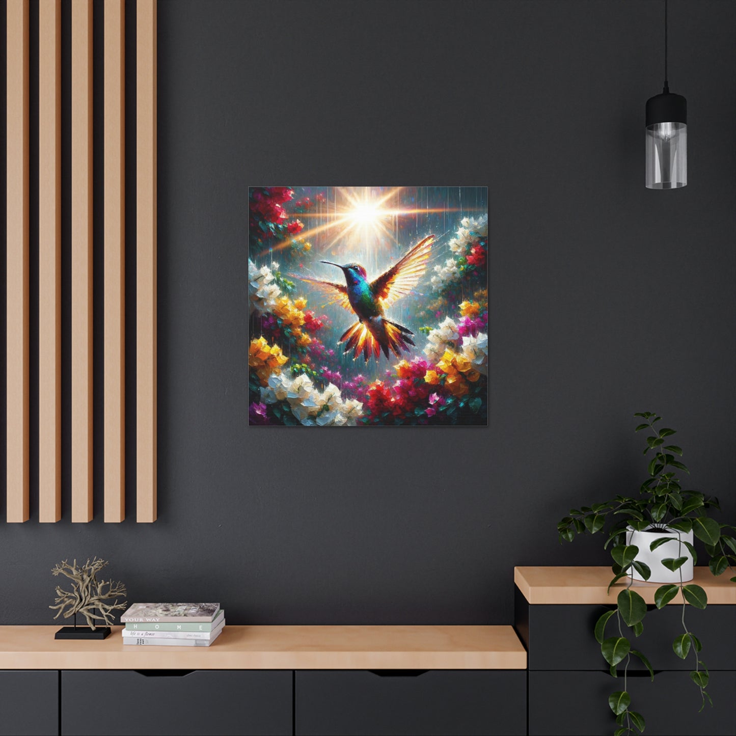 Art Print#2 of Hummingbird in Flight...in the Sun and Rain, Bougainvillea, Caribbean, Oil Finish, West Indian Art, Canvas Gallery Wraps