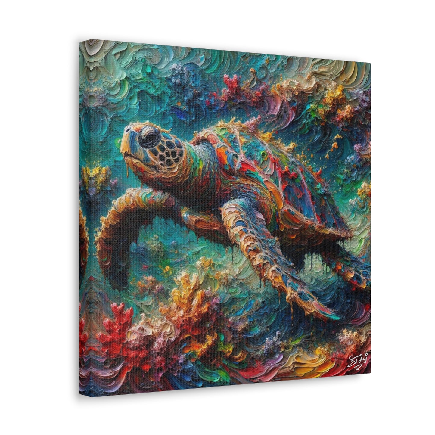 Art Print, Turtle in Reef, Oil Finish, Caribbean Nature, Cultural, Heritage, Semi-Abstract, Canvas Gallery Wrap