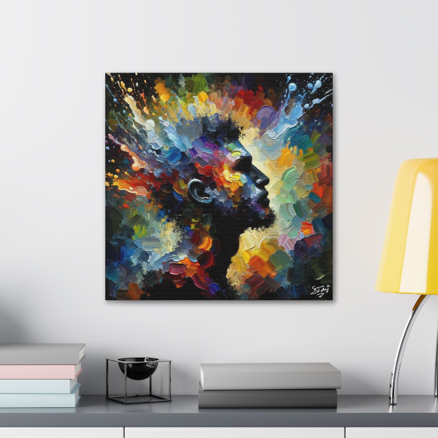 Art Print, Afro-Caribbean Man "Face Paint In Silhouette," Oil Finish, West Indian Ethnicity, Cultural, Heritage, Semi-Abstract, Canvas Gallery Wrap