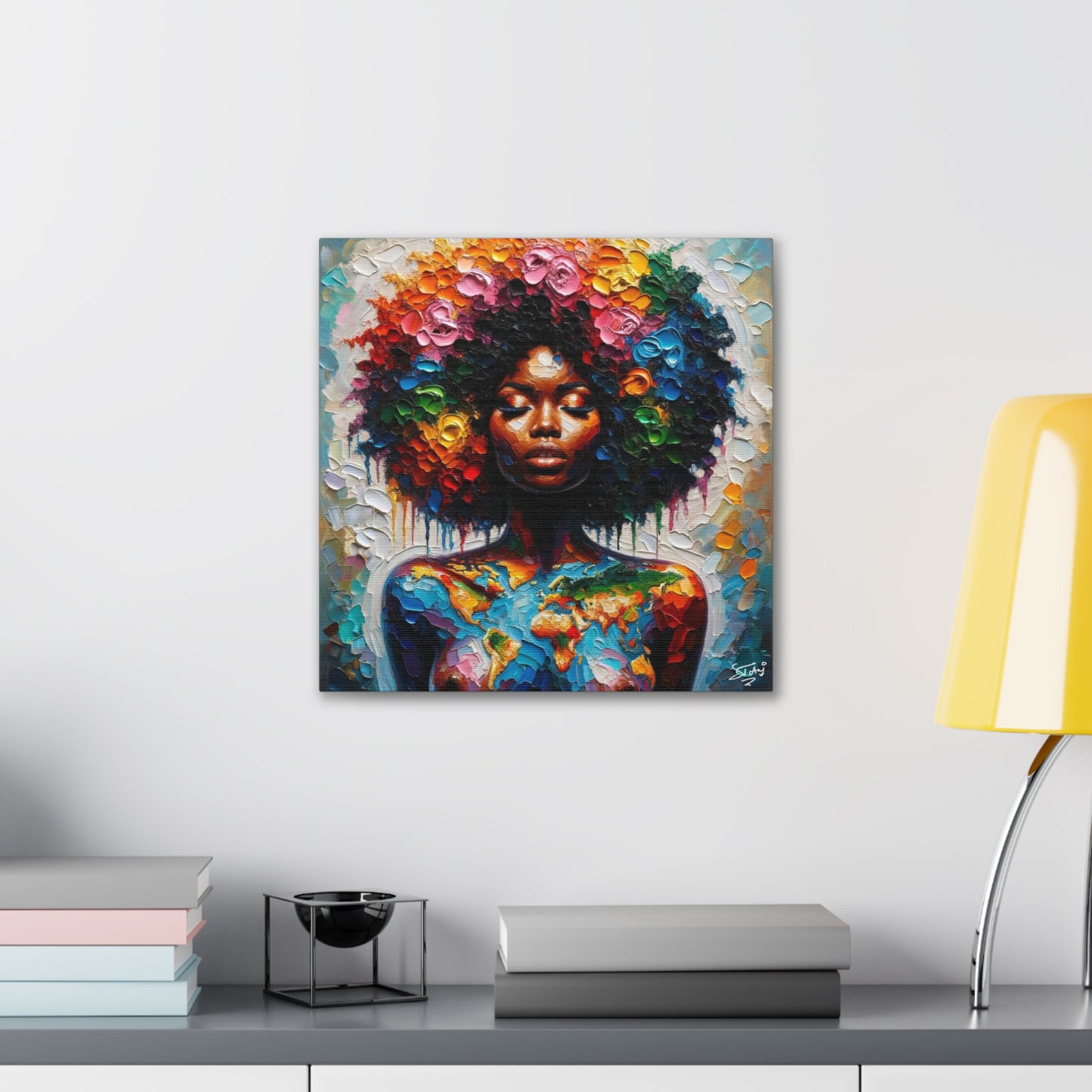 Art Print, Caribbean Woman "World Unity" Oil Finish, West Indian Ethnicity, Cultural, Heritage, Semi-Abstract, Canvas Gallery Wrap