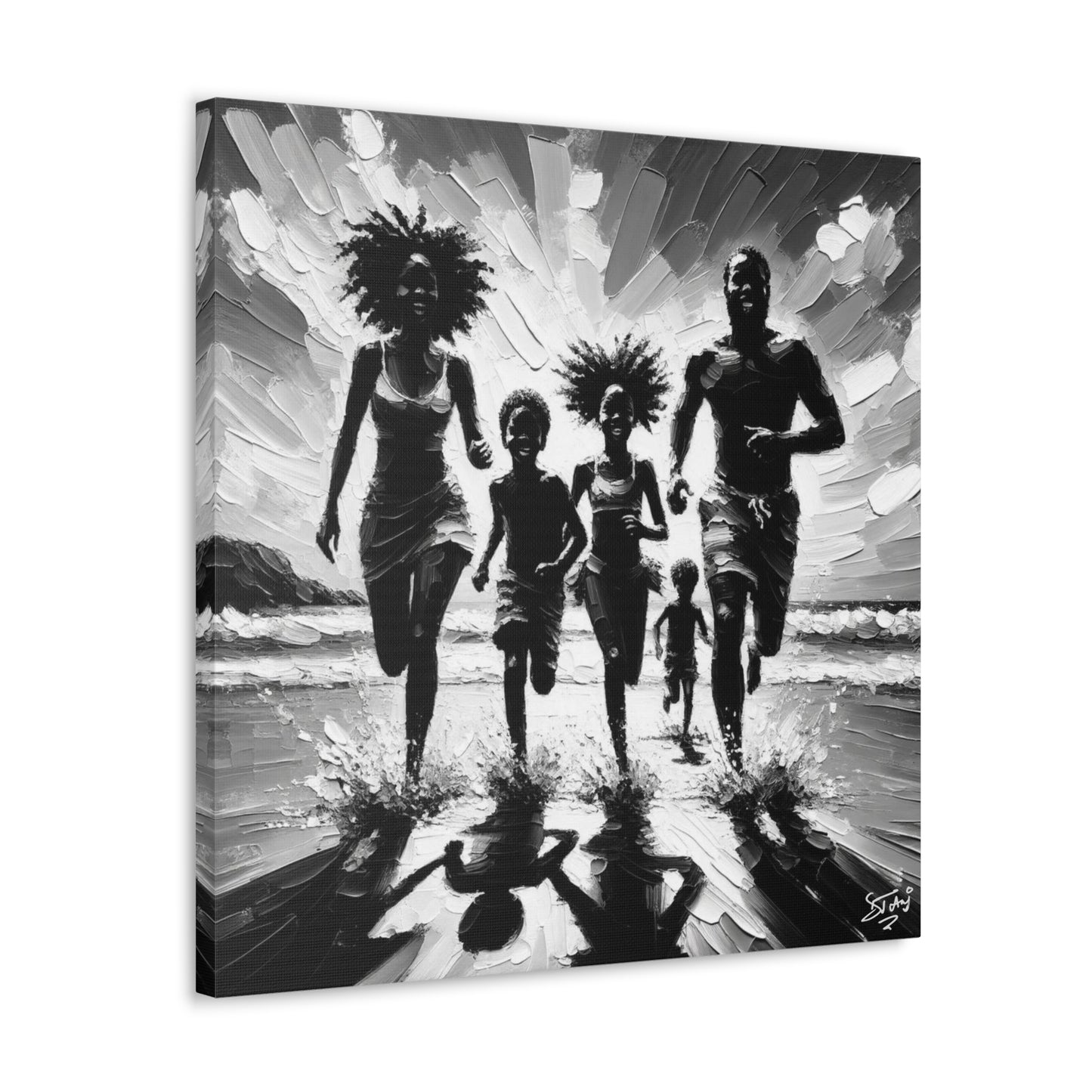 Art Print, Afro-Caribbean Family "Running on the Beach," Oil Finish, West Indian Ethnicity, Cultural, Heritage, Abstract, Canvas Gallery Wrap