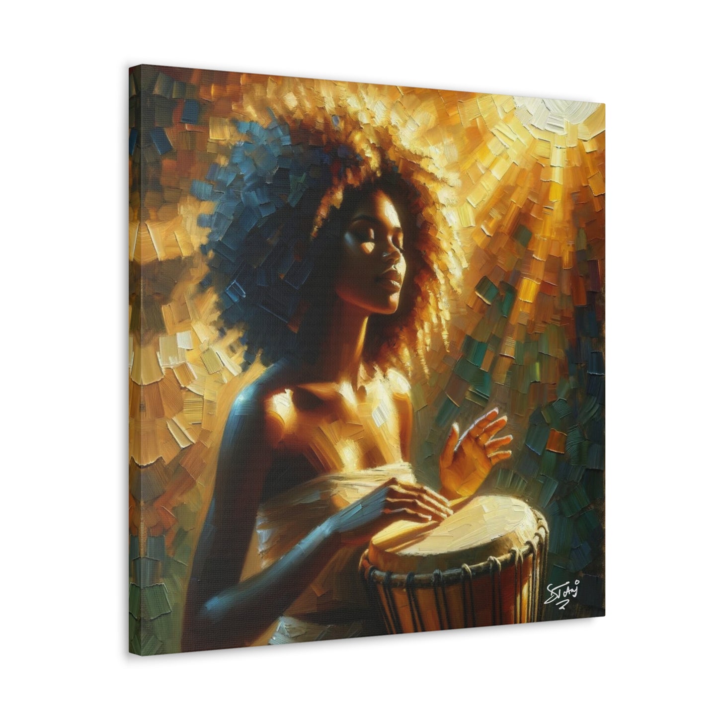 Art Print, Afro-Caribbean Woman, "Drumming" Oil Finish, West Indian Ethnicity, Cultural, Heritage, Abstract, Canvas Gallery Wrap