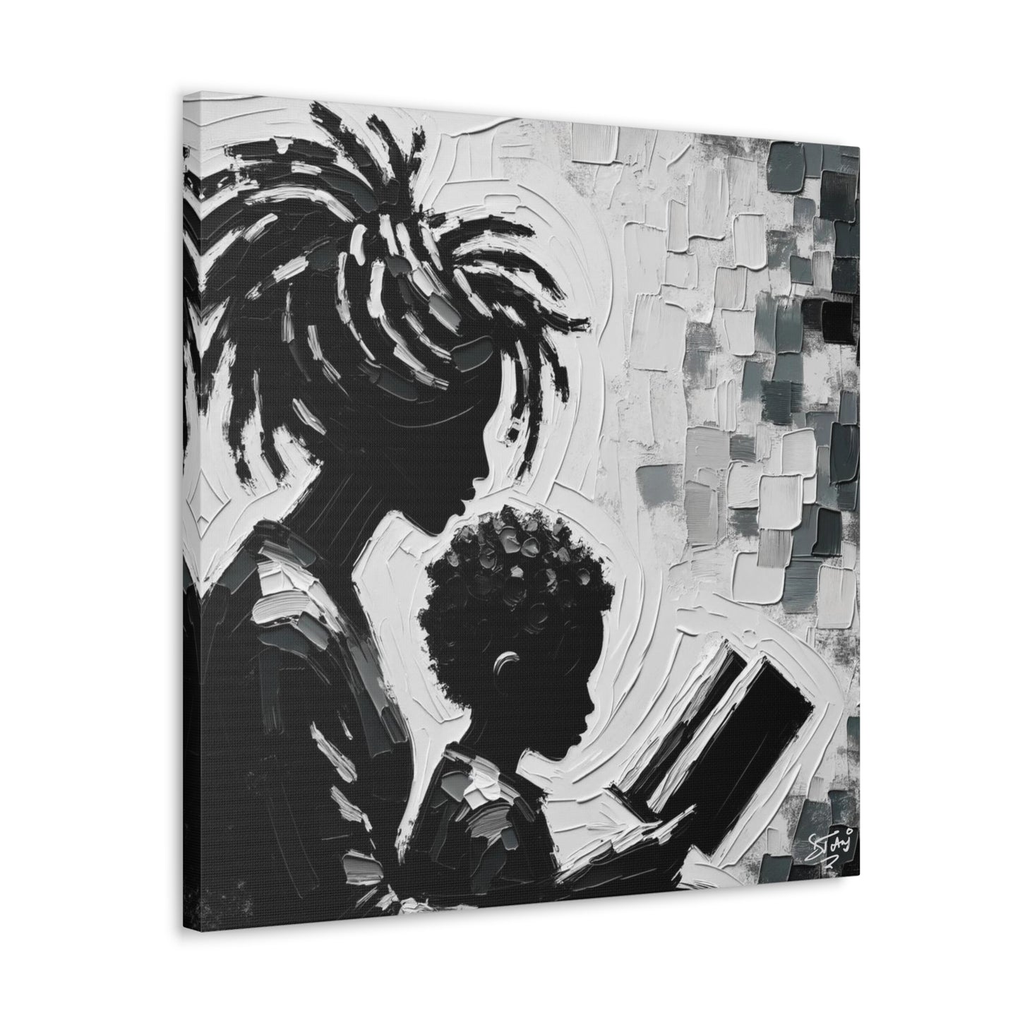 Art Print, Afro-Caribbean Mother & Son (2), Oil Finish, West Indian Ethnicity, Cultural, Heritage, Semi-Abstract, Canvas Gallery Wrap