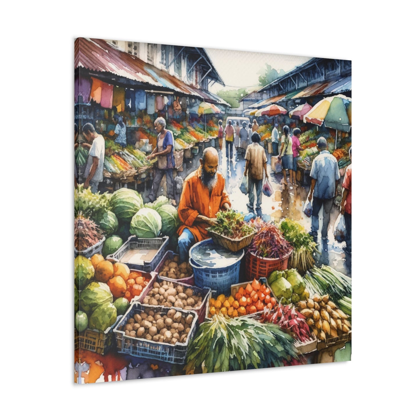 Art Print, "Selling at the Market", Market Scene in Trinidad, Caribbean, Watercolor Finish, West Indian Art, Canvas Gallery Wraps