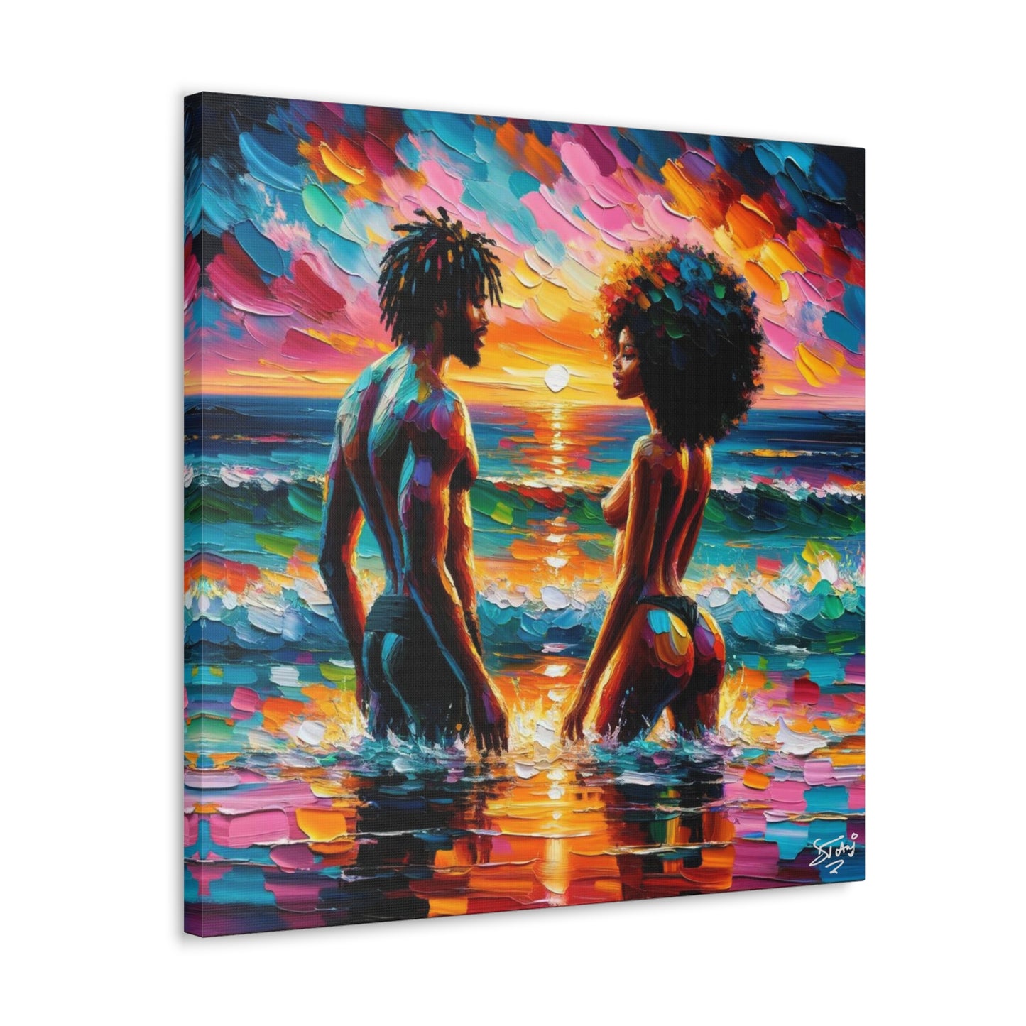 Art Print, Afro-Caribbean Couple in the Ocean, Oil Finish, West Indian Ethnicity, Cultural, Heritage, Semi-Abstract, Canvas Gallery Wrap