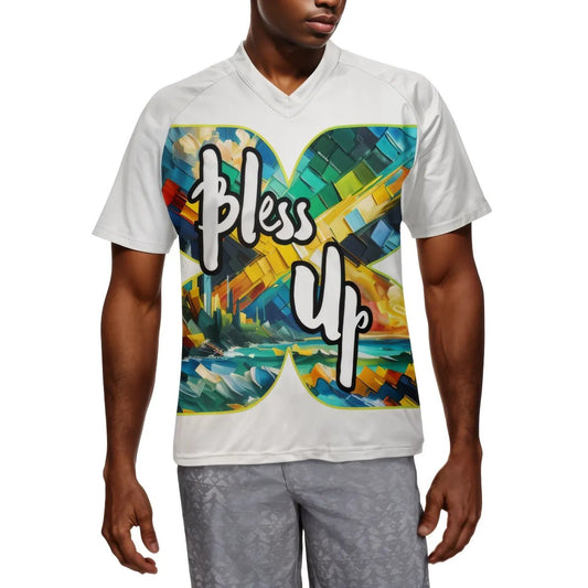 Men's V-Neck Polyester T-Shirt "Bless Up, Wah Gwaan"