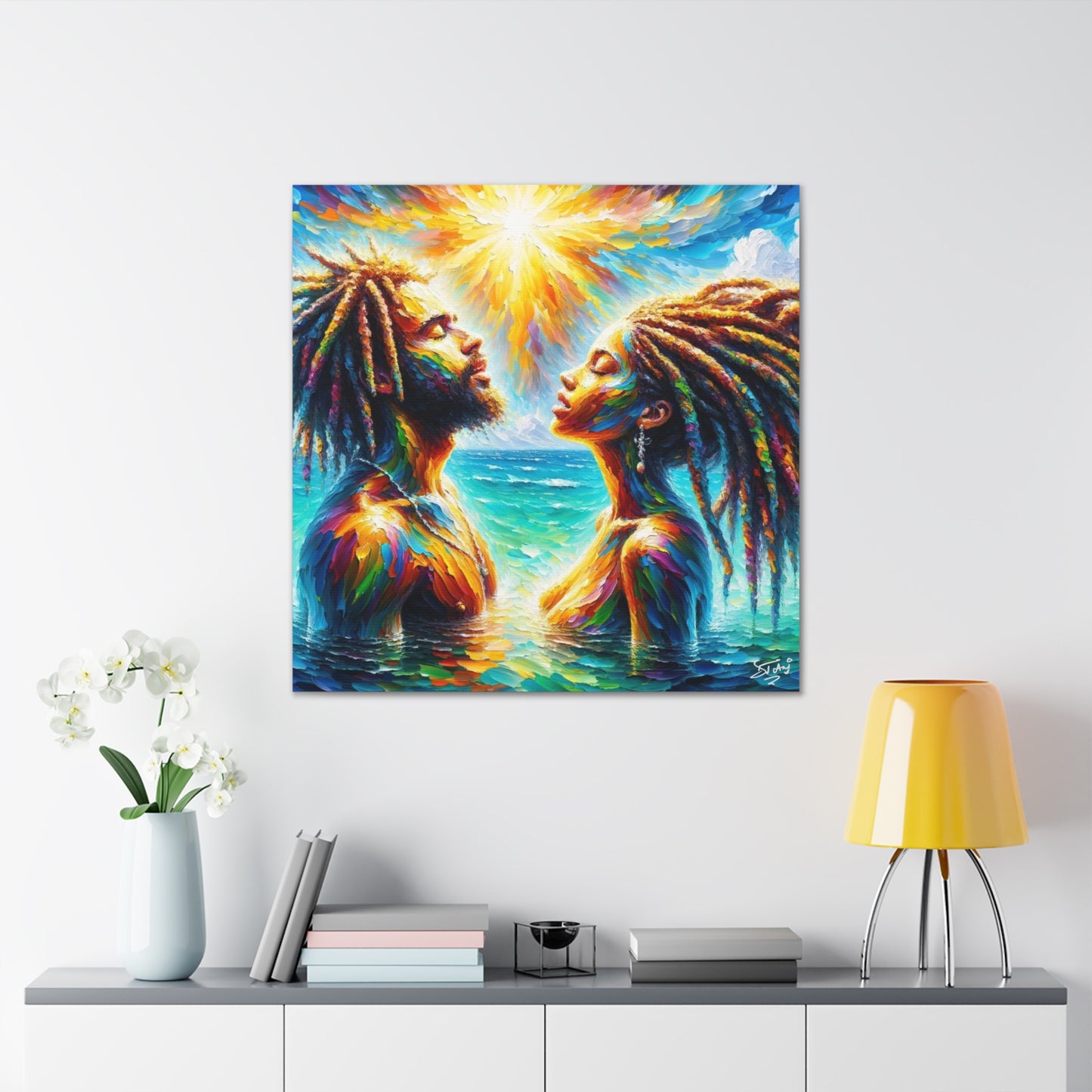 Art Print, Afro-Caribbean Couple in the Ocean, Oil Finish, West Indian Ethnicity, Cultural, Heritage, Semi-Abstract, Canvas Gallery Wrap