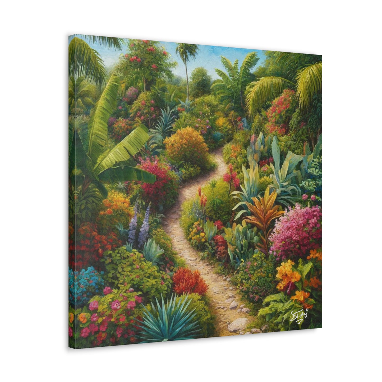 Art Print of Tropical Flower Garden, Oil Finish, West Indian Art, Canvas Gallery Wraps