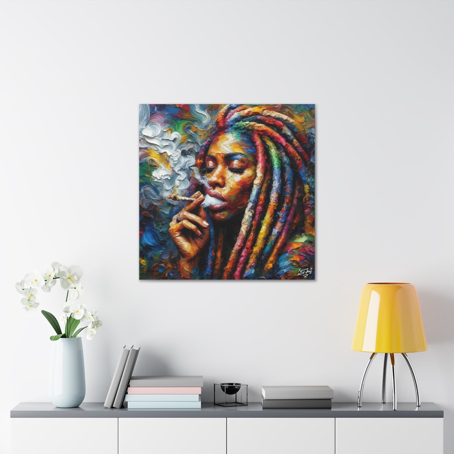 Art Print of Rasta-Woman Smoking, Oil Finish, West Indian Ethnicity, Cultural, Heritage, Afro-Caribbean Man, Semi-Abstract, Canvas Gallery Wrap