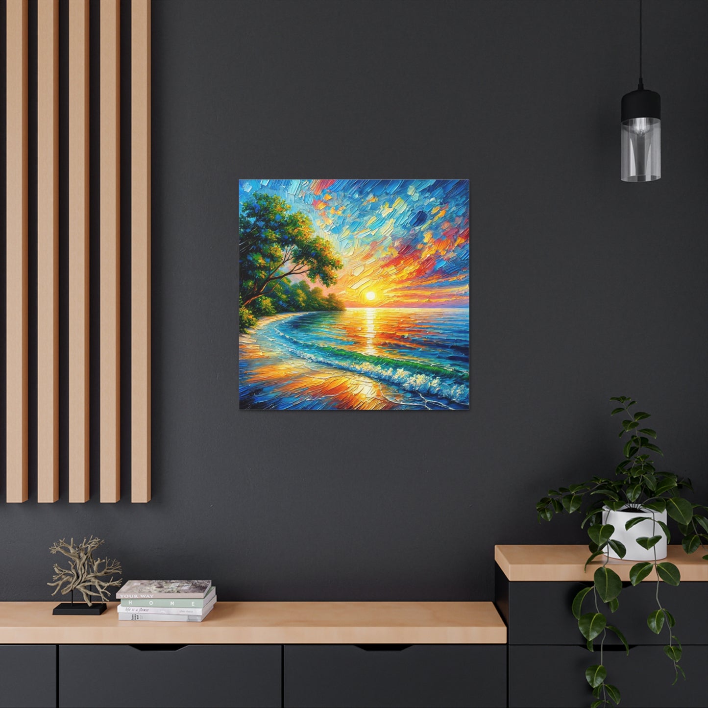 Art Print, Caribbean Sunset Beach Scene, Abstract, Oil Painting, West Indian Art, Canvas Gallery Wraps