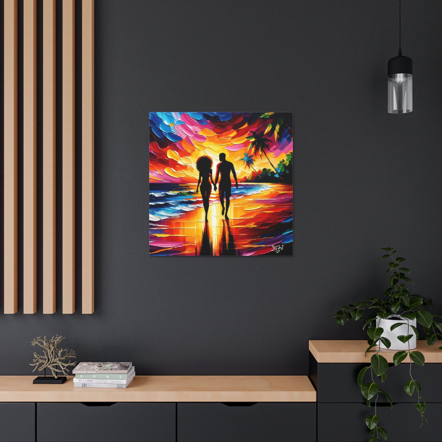 Art Print, Caribbean Couple, "Walking on the Beach" Semi-Abstract Oil Finish, West Indian Ethnicity, Cultural, Heritage, Abstract, Canvas Gallery Wrap