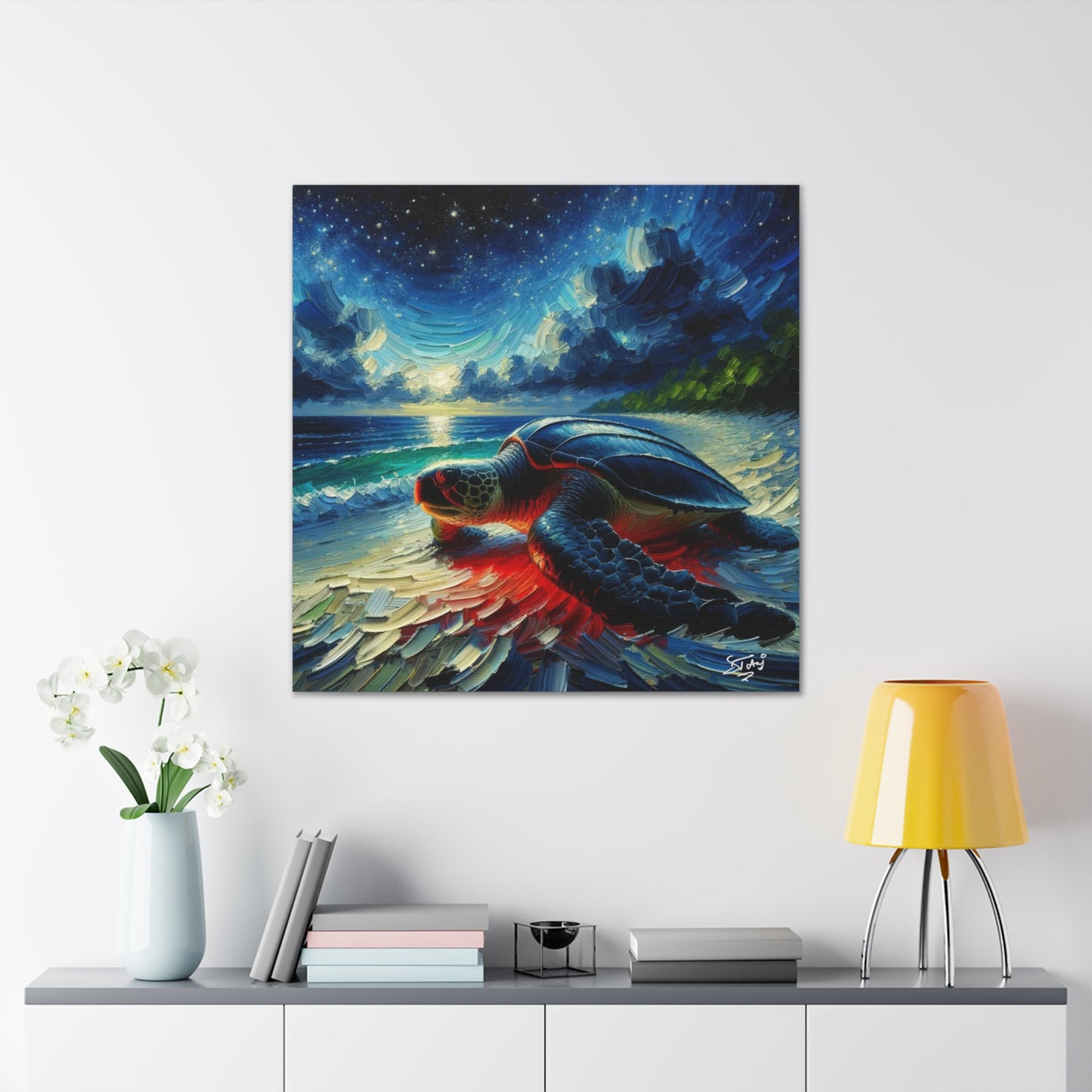 Art Print, Turtle at Night, Caribbean Wildlife, Oil Finish, Caribbean Nature, Culture, Heritage, Canvas Gallery Wrap