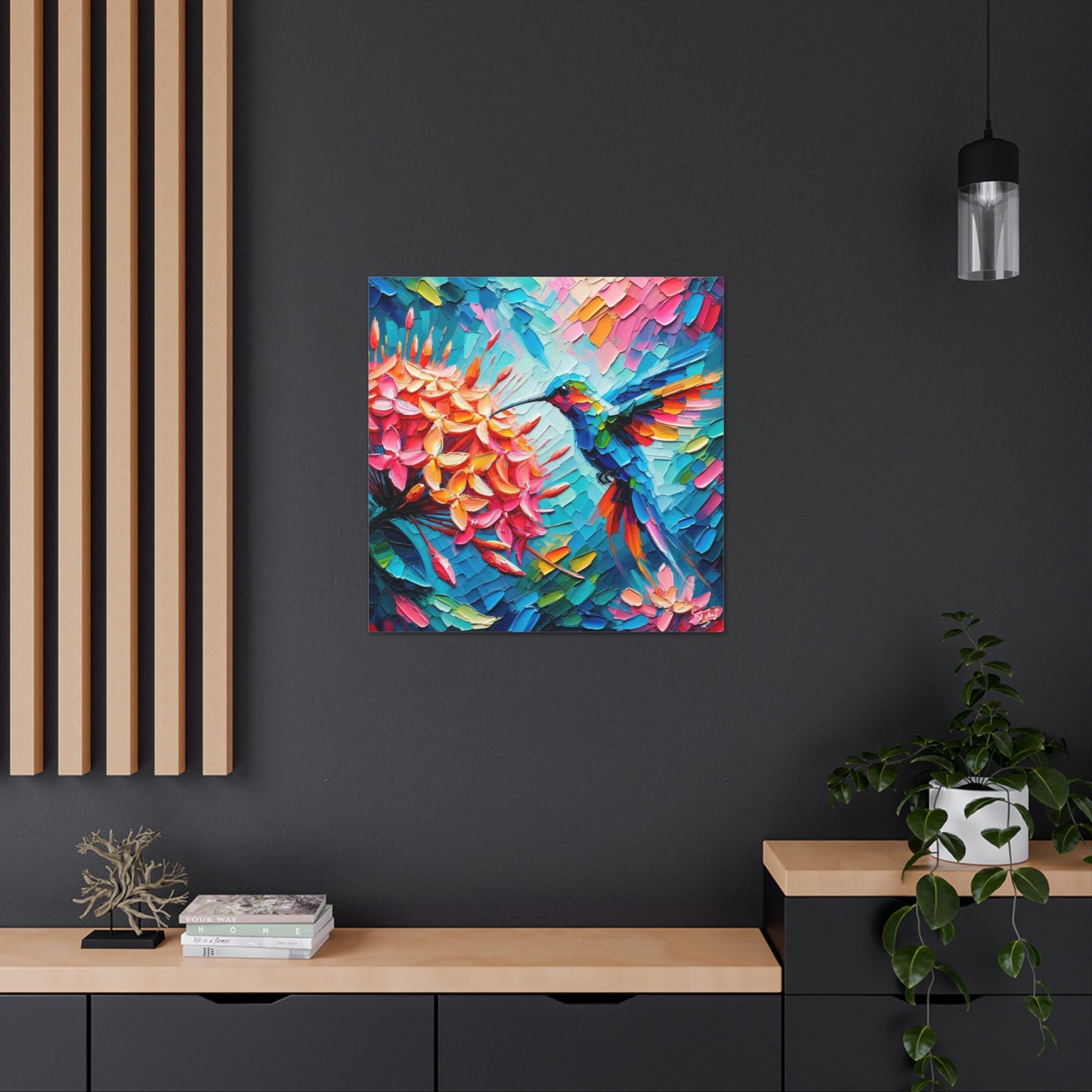 Art Print, Hummingbird on Ixora, Oil Finish, Caribbean Nature, Cultural, Heritage, Semi-Abstract, Canvas Gallery Wrap