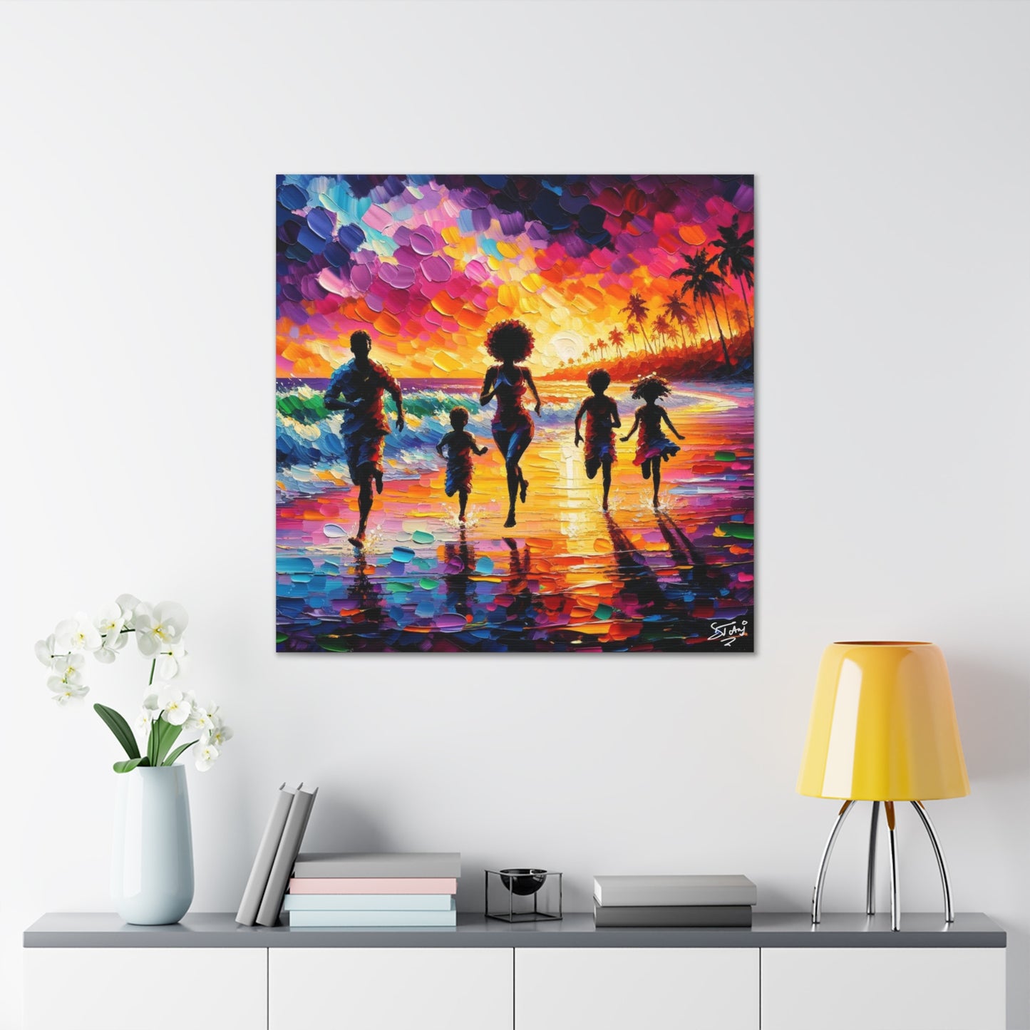 Art Print, Caribbean Family, "Having Fun" Oil Finish, West Indian Ethnicity, Cultural, Heritage, Abstract, Canvas Gallery Wrap