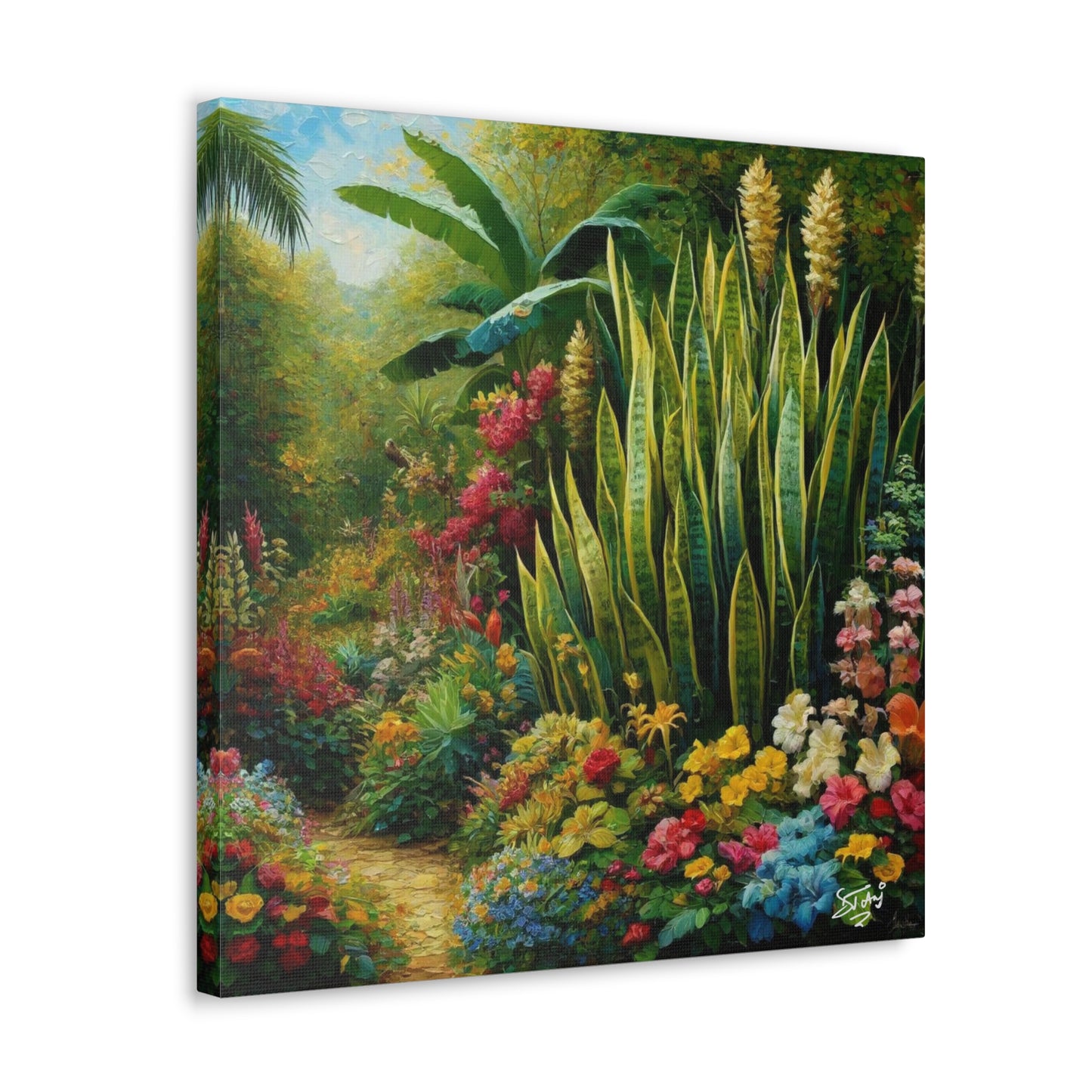 Art Print of Snake Plant in Tropical Flower Garden, Oil Finish, West Indian Art, Canvas Gallery Wraps