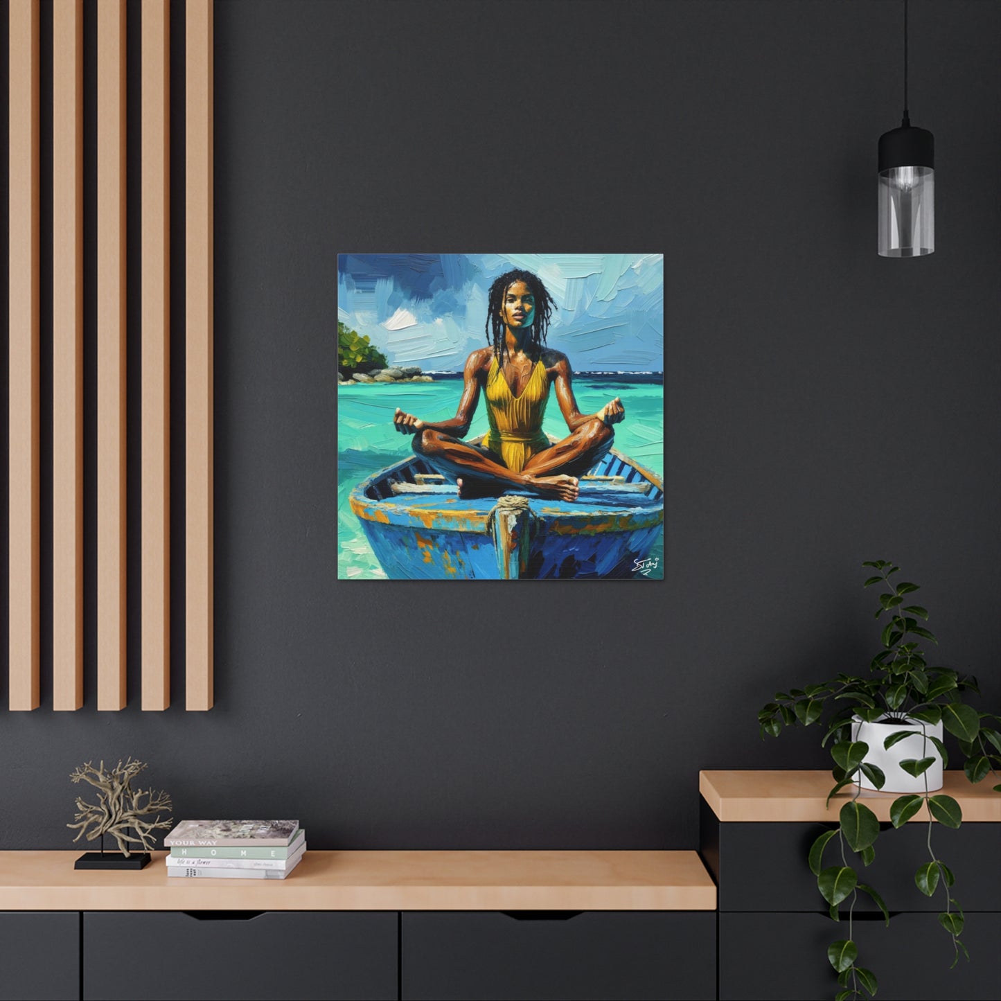 Art Print, Afro-Caribbean Woman "Chilling in the Boat (4)" Oil Finish, West Indian Ethnicity, Cultural, Heritage, Semi-Abstract, Canvas Gallery Wrap