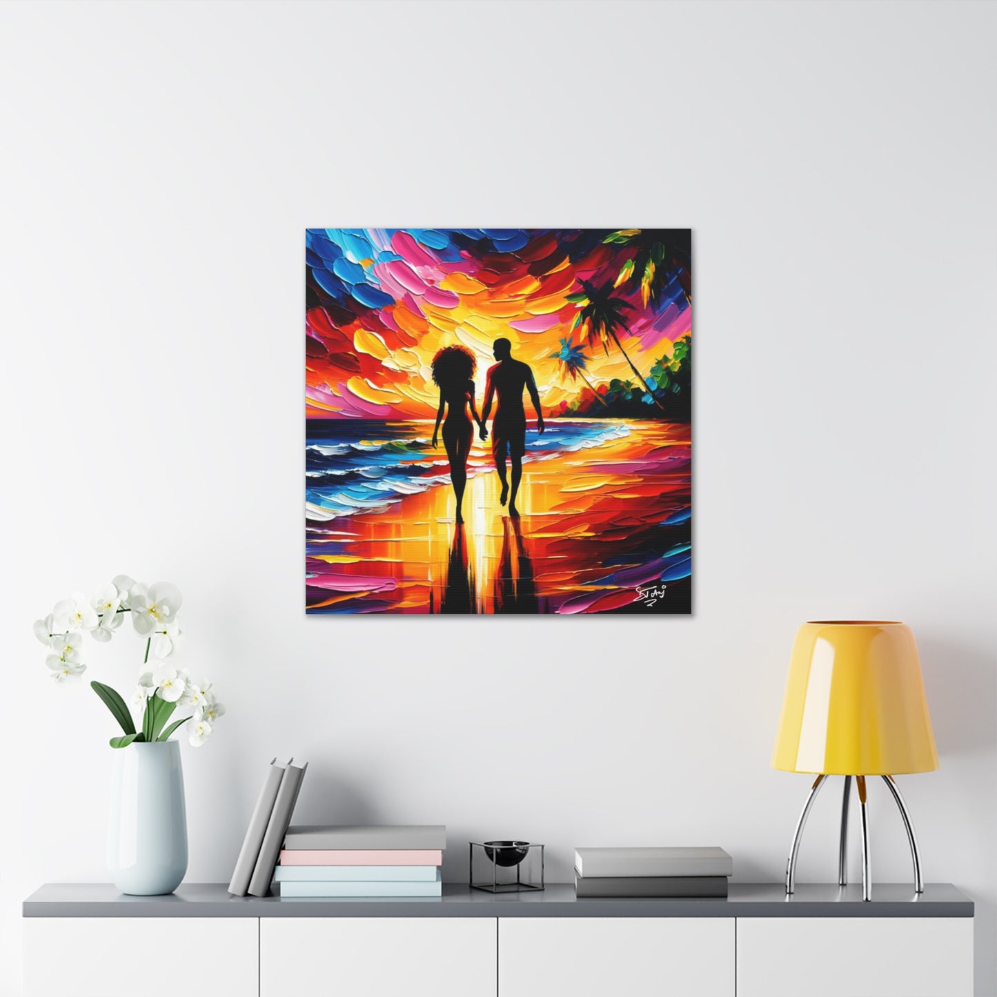 Art Print, Caribbean Couple, "Walking on the Beach" Semi-Abstract Oil Finish, West Indian Ethnicity, Cultural, Heritage, Abstract, Canvas Gallery Wrap