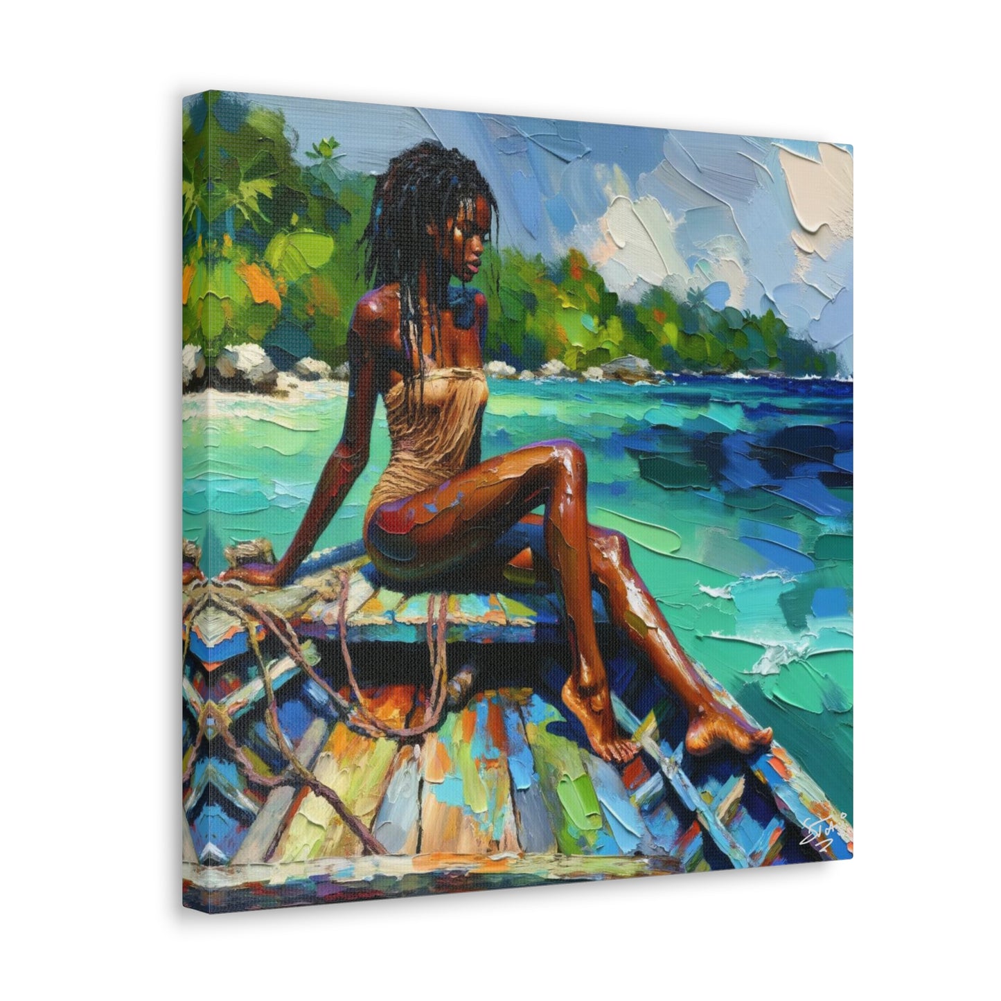 Art Print, Caribbean Woman "Chilling in the Boat" Oil Finish, West Indian Ethnicity, Cultural, Heritage, Semi-Abstract, Canvas Gallery Wrap