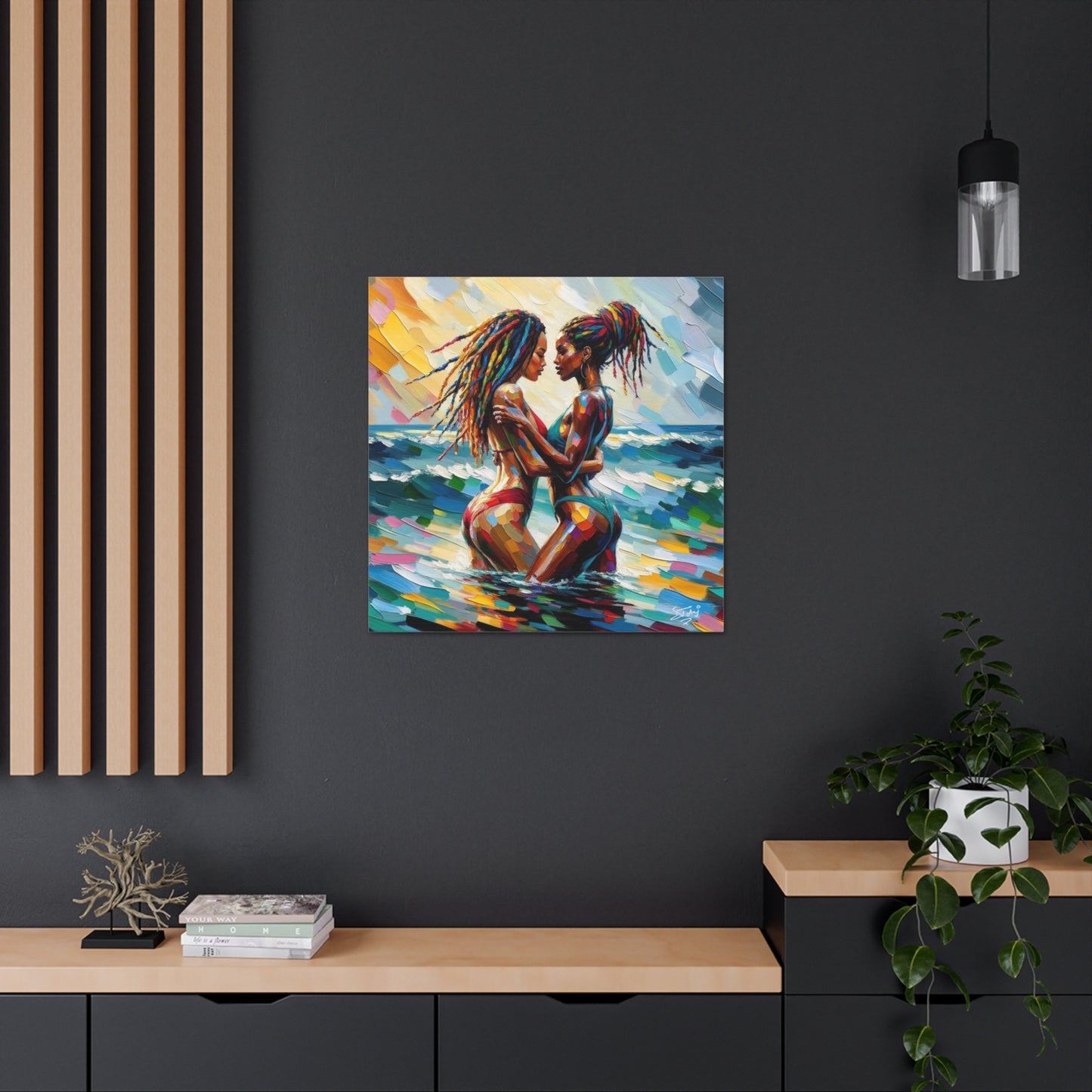 Art Print, Caribbean Couple, "In Our World" Semi-Abstract Oil Finish, West Indian Ethnicity, Cultural, Heritage, Abstract, Canvas Gallery Wrap