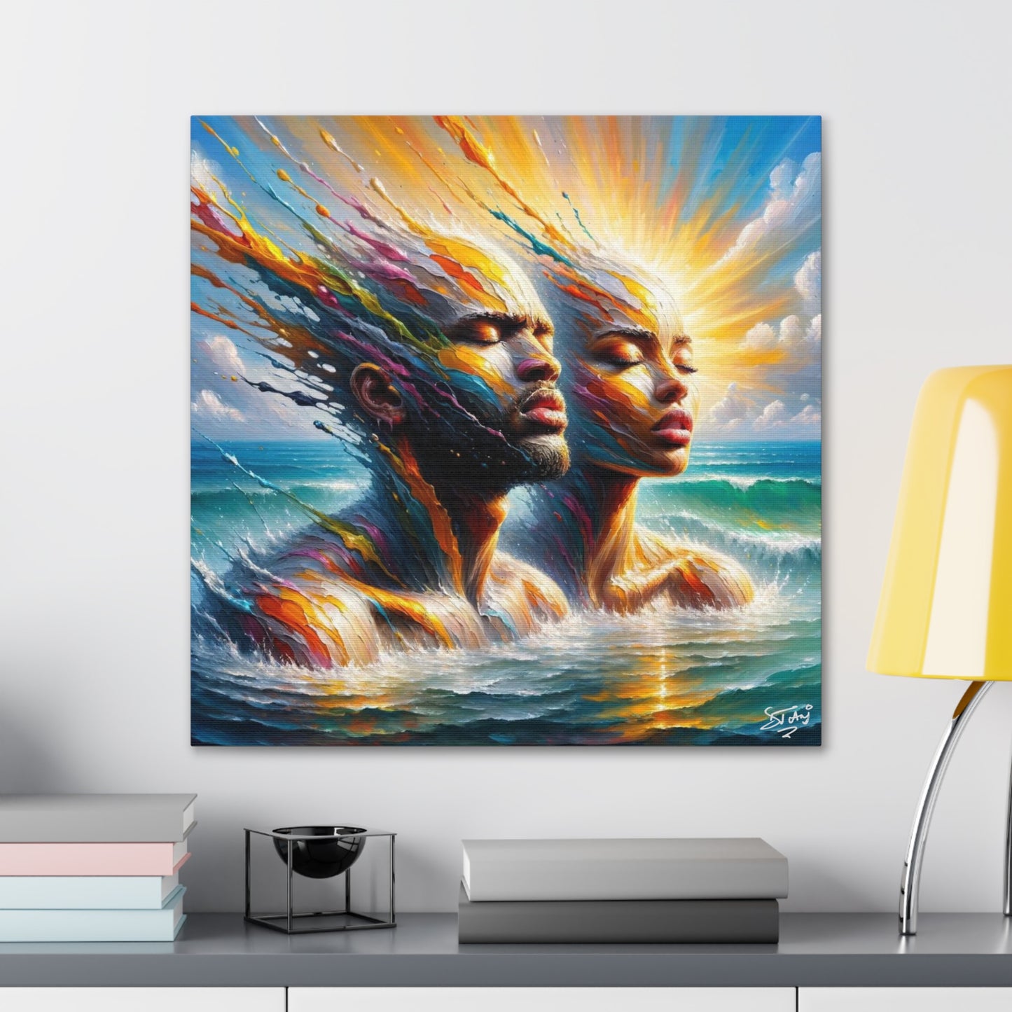 Art Print, Afro-Caribbean Couple "Heatwave," Oil Finish, West Indian Ethnicity, Cultural, Heritage, Semi-Abstract, Canvas Gallery Wrap