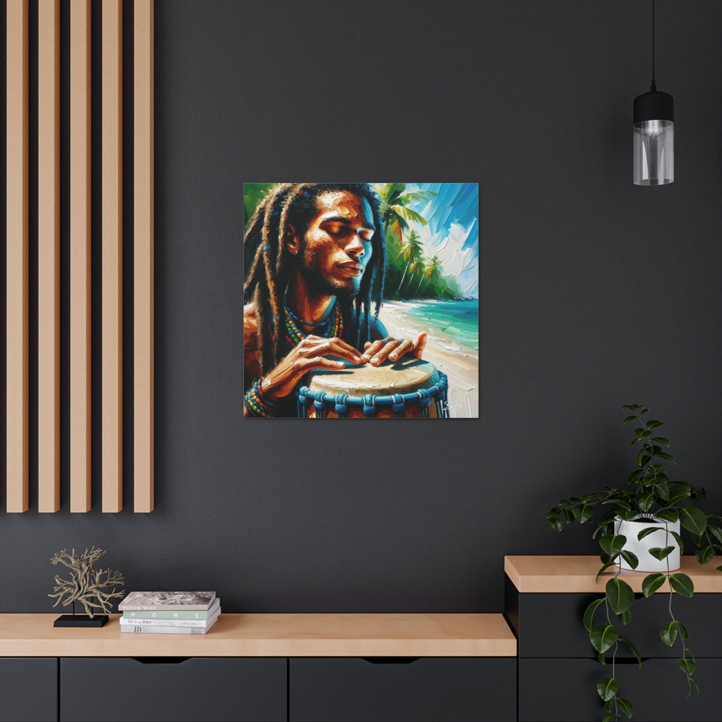 Art Print, Afro-Caribbean Man, "Drumming" Oil Finish, West Indian Ethnicity, Cultural, Heritage, Abstract, Canvas Gallery Wrap