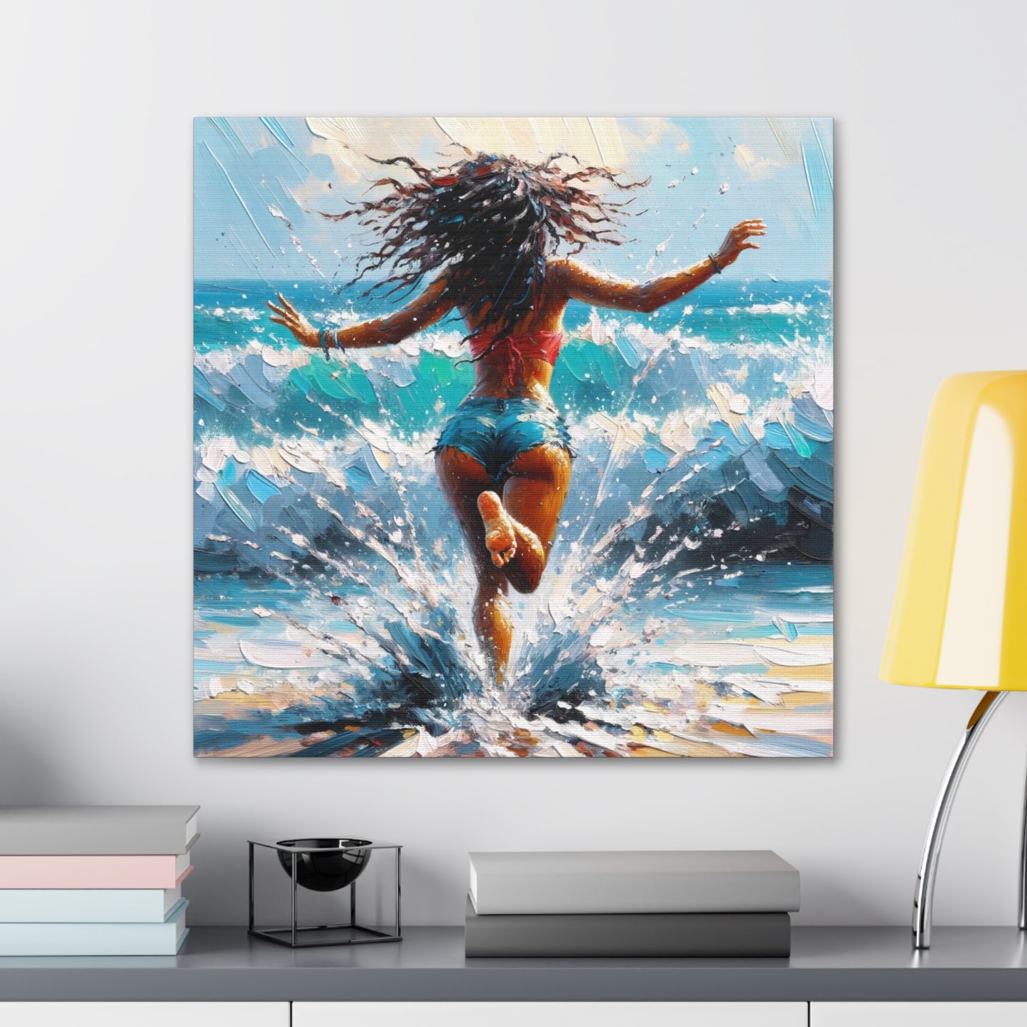 Art Print, East Indian Woman from Trinidad running into the Atlantic Ocean, Caribbean, Oil Finish, West Indian Art, Canvas Gallery Wraps