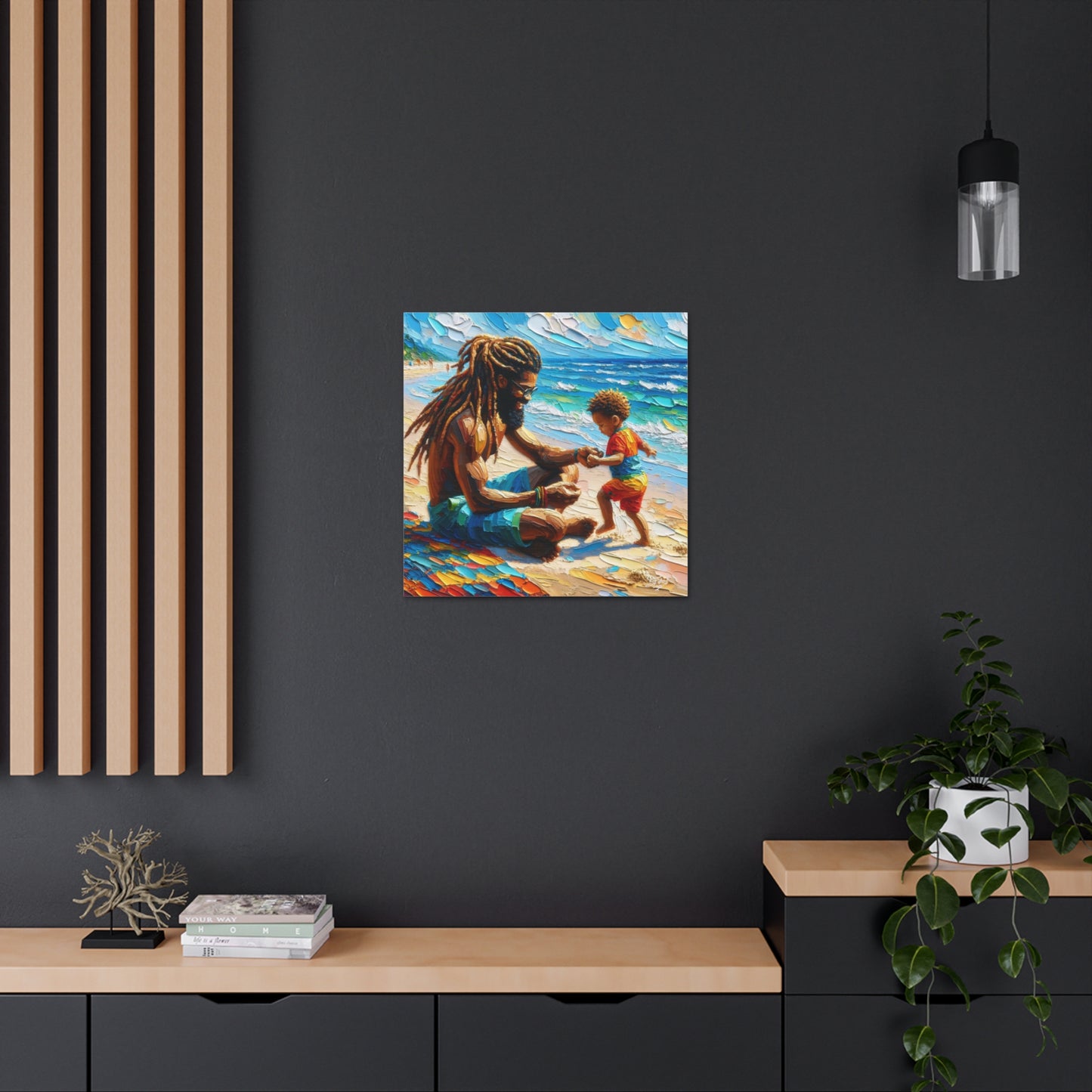 Art Print, Afro-Caribbean Father & Son "Sitting on the Beach," Oil Finish, West Indian Ethnicity, Cultural, Heritage, Semi-Abstract, Canvas Gallery Wrap