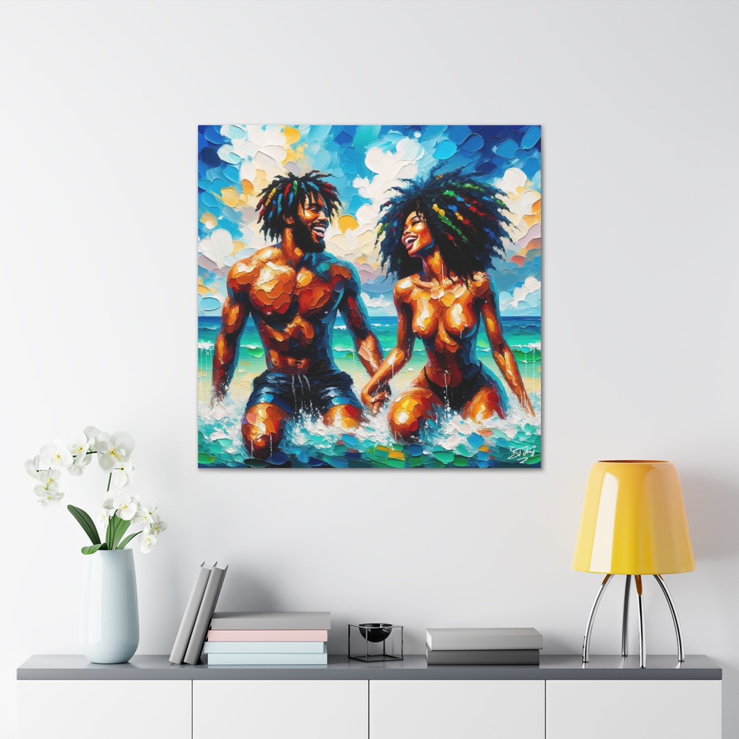 Art Print, Afro-Caribbean Couple in the Ocean, Oil Finish, West Indian Ethnicity, Cultural, Heritage, Semi-Abstract, Canvas Gallery Wrap