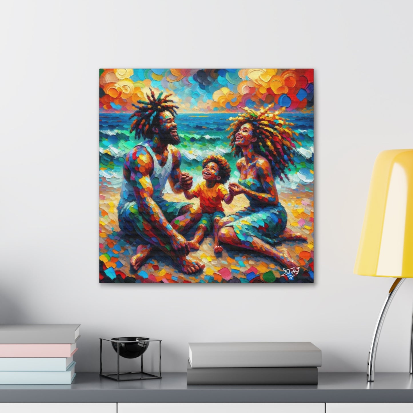 Art Print, Afro-Caribbean Family "Sitting on the Beach," Oil Finish, West Indian Ethnicity, Cultural, Heritage, Semi-Abstract, Canvas Gallery Wrap