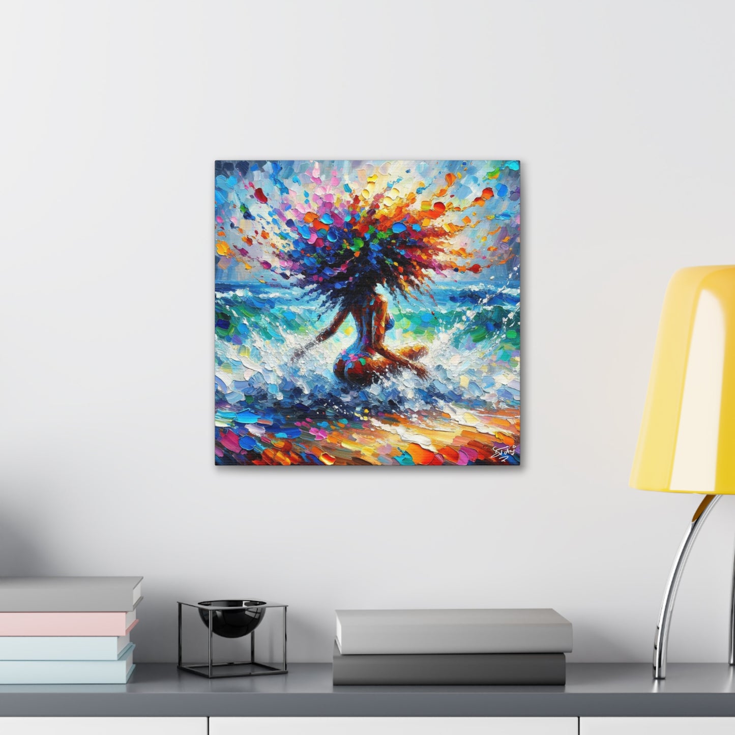 Art Print, Afro-Caribbean Woman, "Splashing Fun" Oil Finish, West Indian Ethnicity, Cultural, Heritage, Abstract, Canvas Gallery Wrap