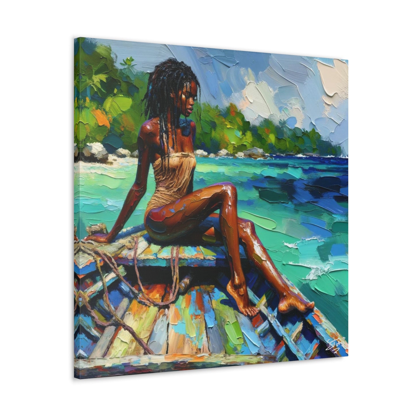 Art Print, Caribbean Woman "Chilling in the Boat" Oil Finish, West Indian Ethnicity, Cultural, Heritage, Semi-Abstract, Canvas Gallery Wrap