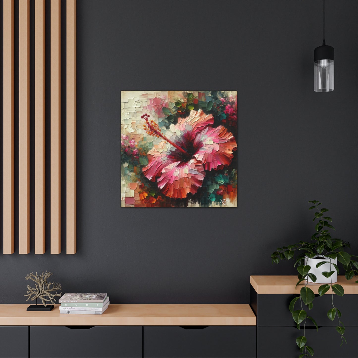 Oil Print#3 of a Pink Hibiscus Flower, Close-up View, Semi-abstract, Caribbean, Vibrant Vivid Colors, Canvas Gallery Wraps