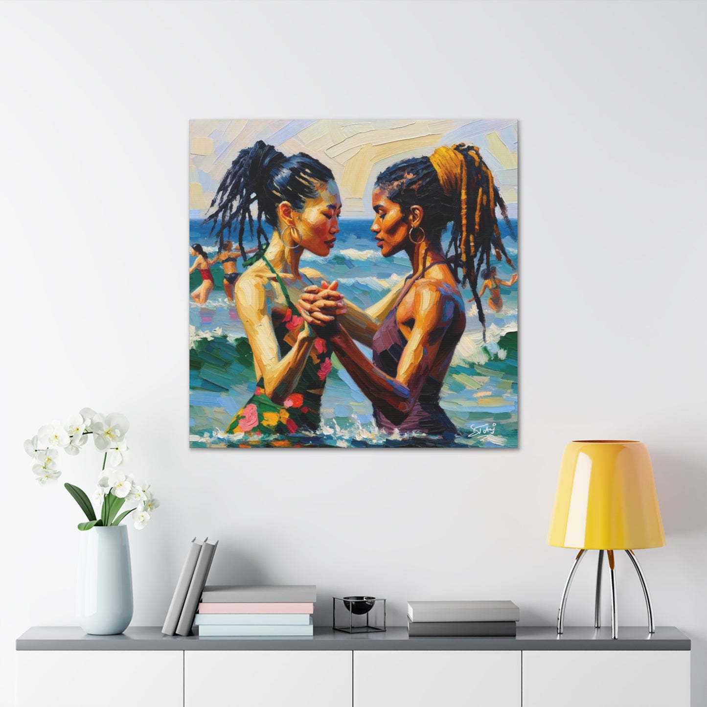 Art Print, Caribbean Couple, "In Our World" Semi-Abstract Oil Finish, West Indian Ethnicity, Cultural, Heritage, Canvas Gallery Wrap