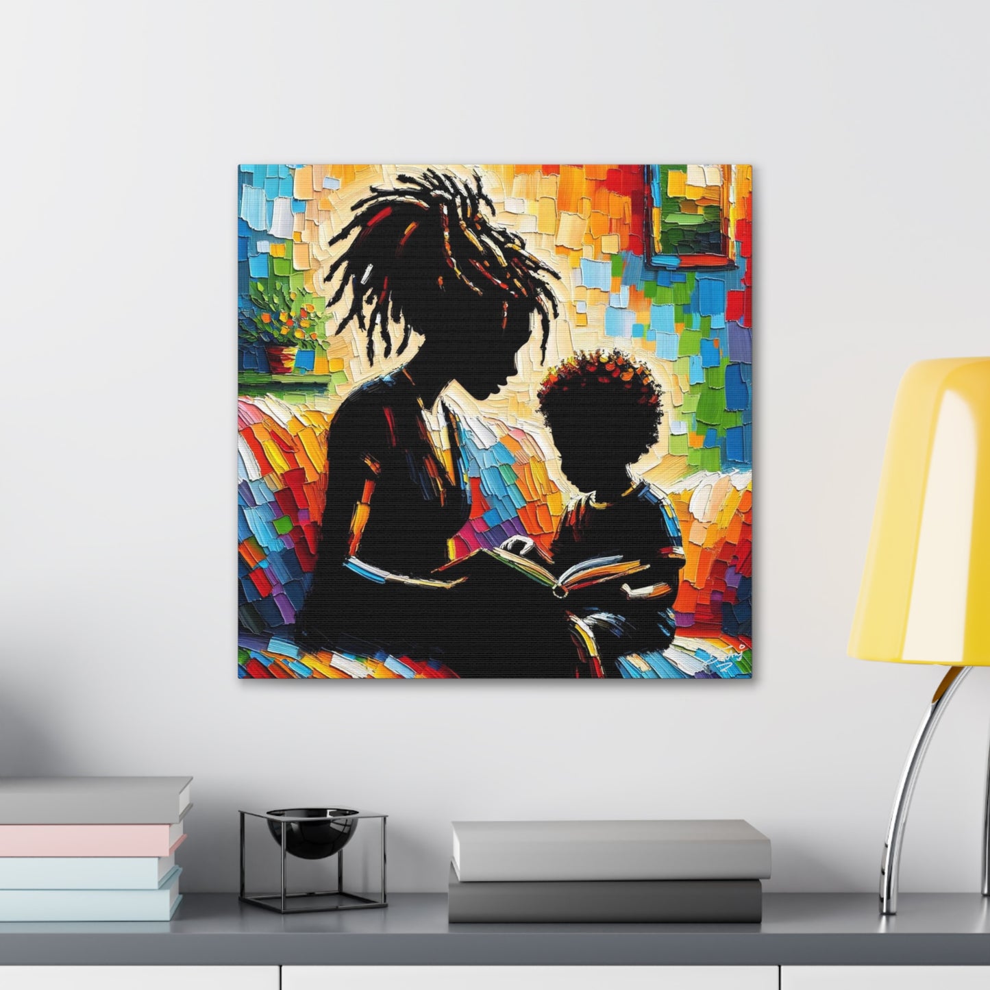 Art Print, Afro-Caribbean Mother & Son (3), Oil Finish, West Indian Ethnicity, Cultural, Heritage, Semi-Abstract, Canvas Gallery Wrap