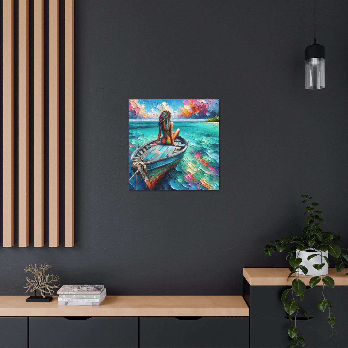 Art Print, Caribbean Woman "Chilling in the Boat" Oil Finish, West Indian Ethnicity, Cultural, Heritage, Semi-Abstract, Canvas Gallery Wrap