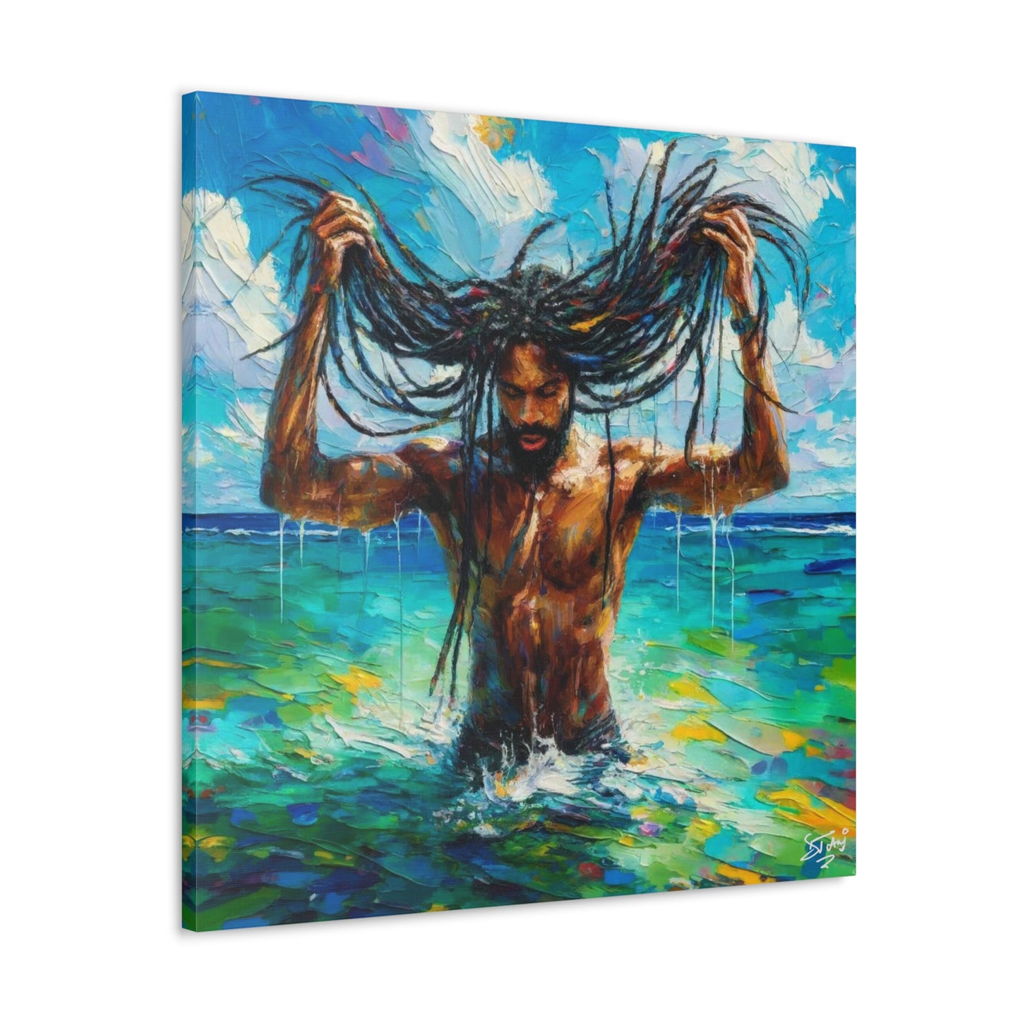 Art Print, Afro-Caribbean Man "Chilling in the Ocean" Oil Finish, West Indian Ethnicity, Cultural, Heritage, Semi-Abstract, Canvas Gallery Wrap